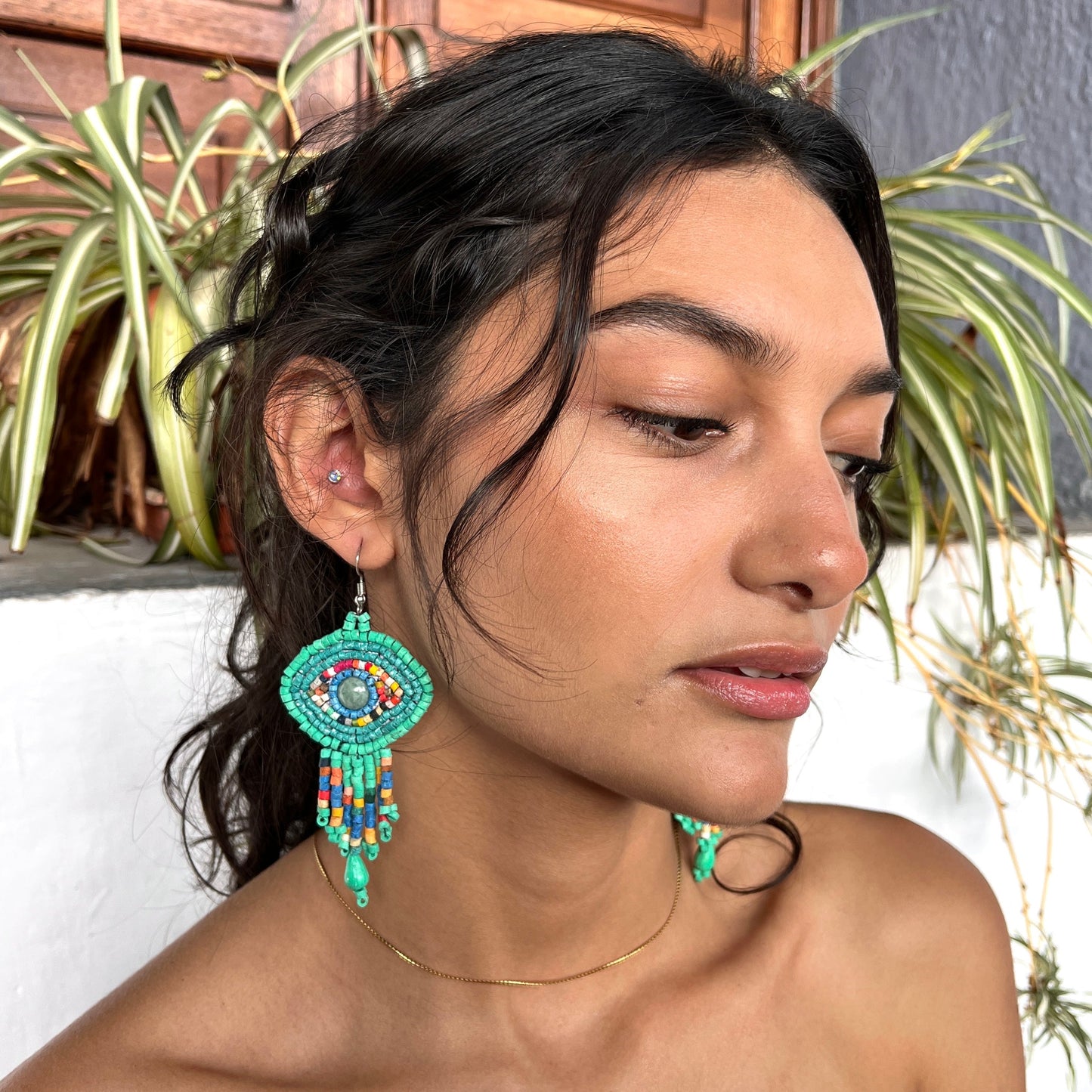 Pendientes Bordados de Cuentas con Jade - "Ojo Fleco"