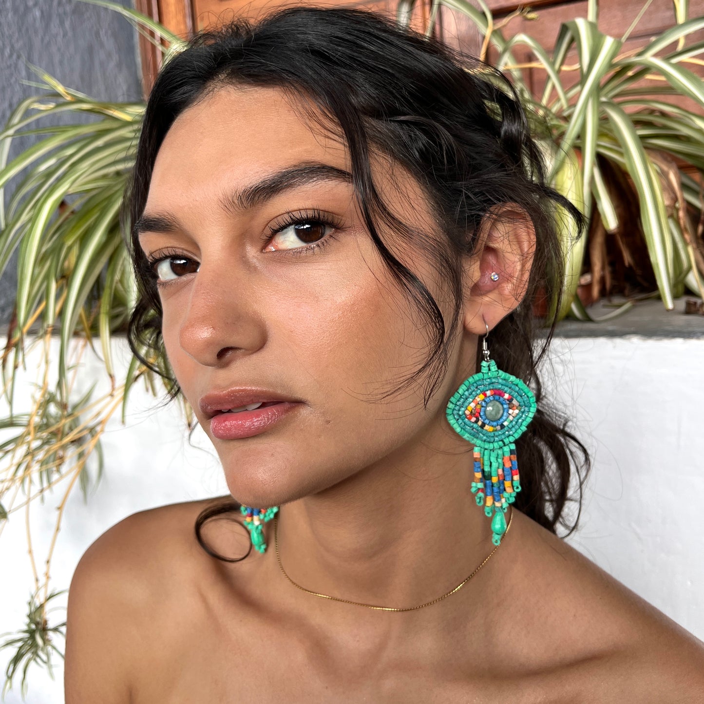 Pendientes Bordados de Cuentas con Jade - "Ojo Fleco"