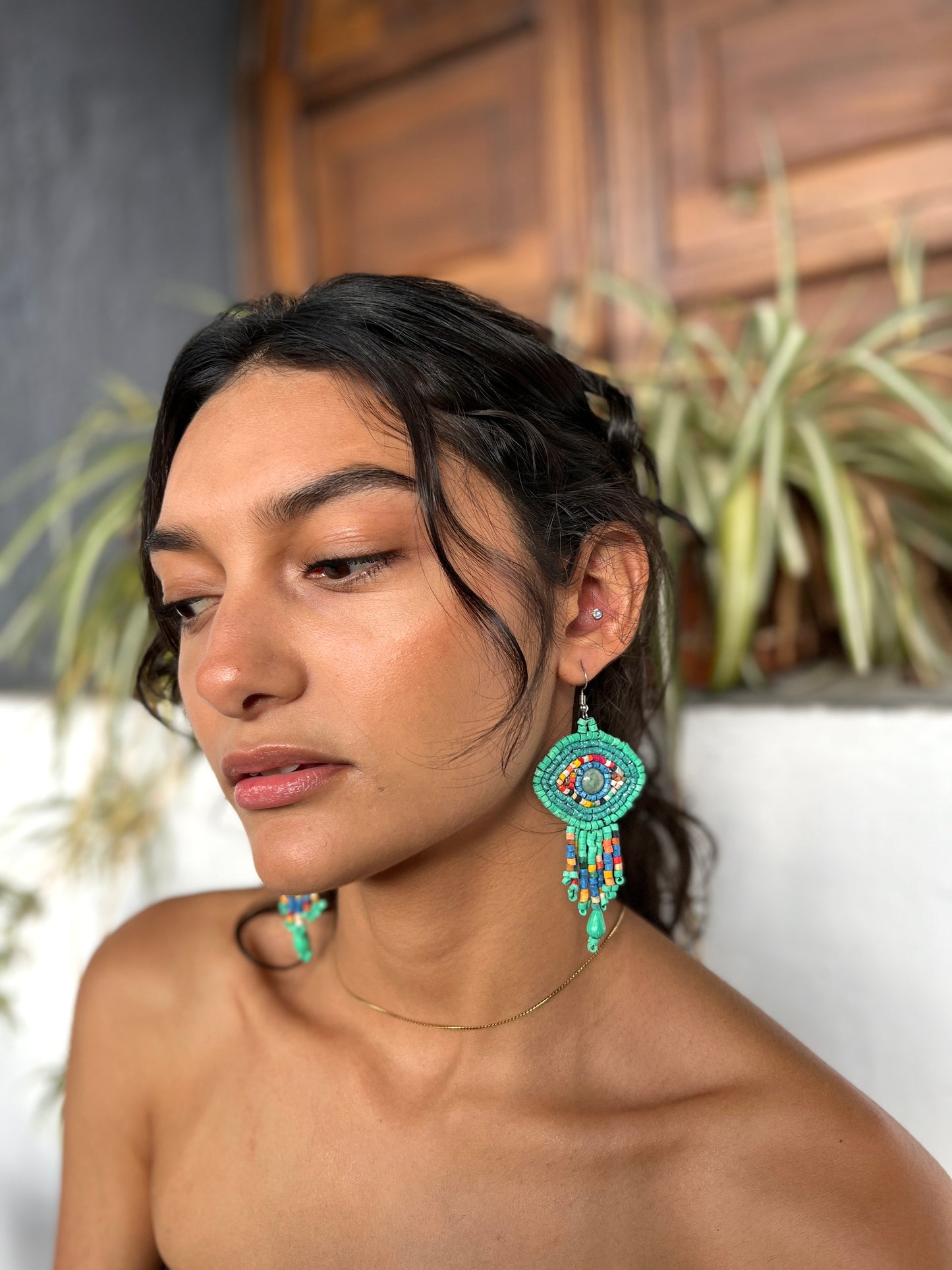 Pendientes Bordados de Cuentas con Jade - "Ojo Fleco"