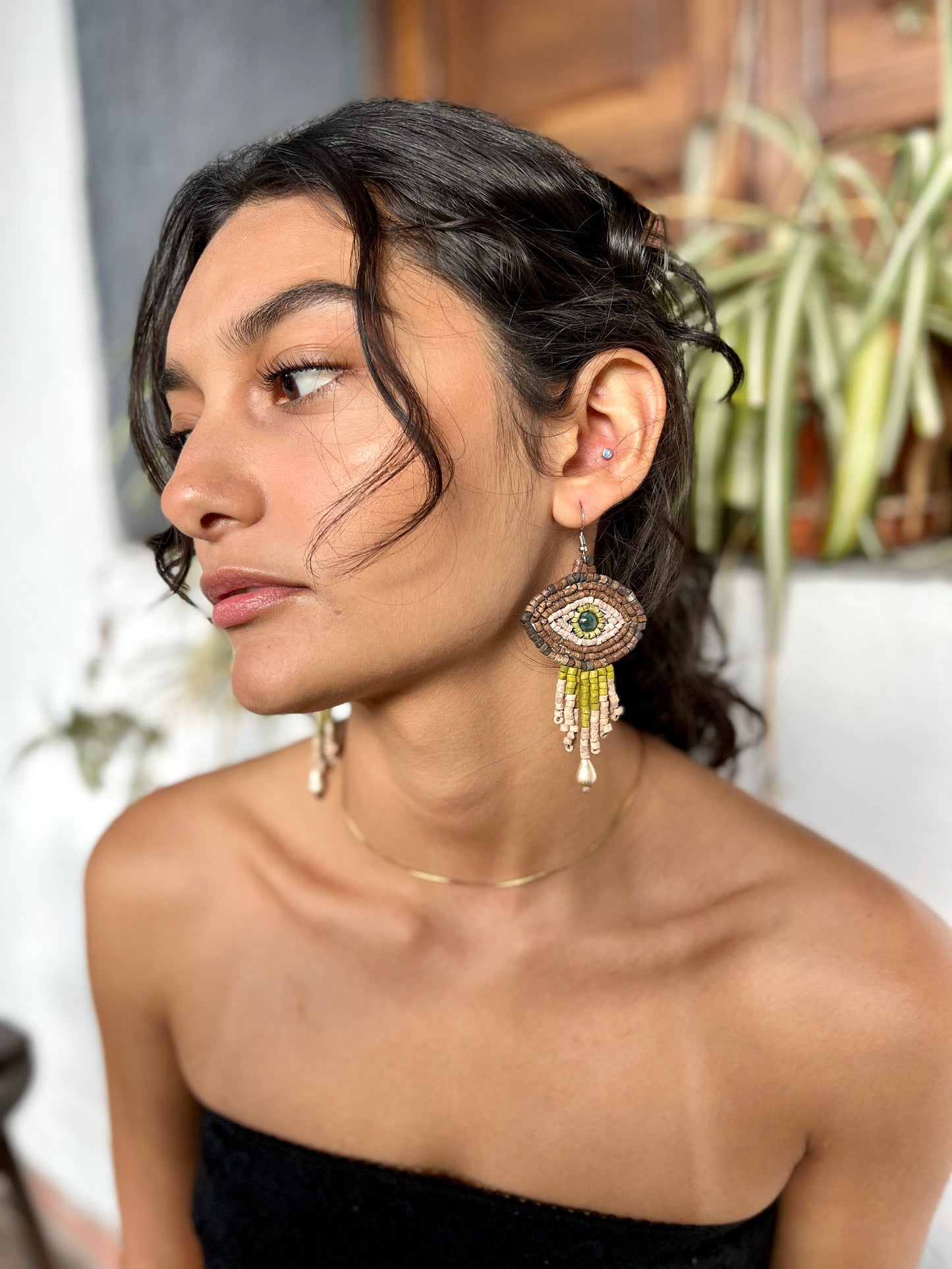 Pendientes Bordados de Cuentas con Jade - "Ojo Fleco"