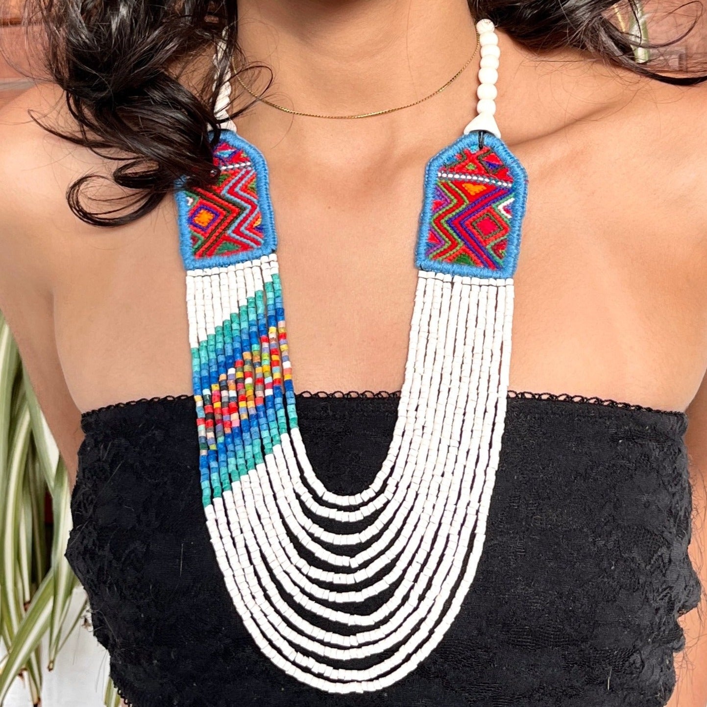 Necklaces with ceremonial textile and beaded chains - "Aguacatán Blancos"