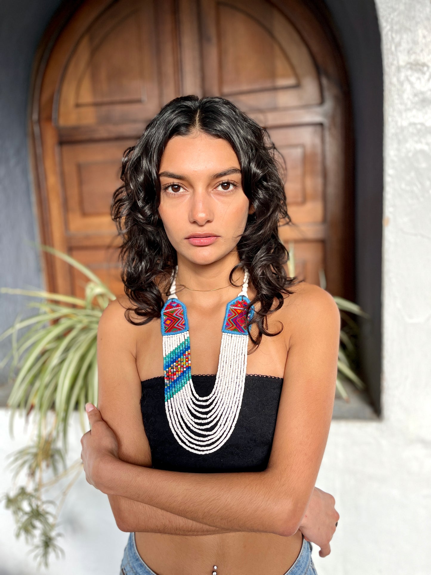 Necklaces with ceremonial textile and beaded chains - "Aguacatán Blancos"