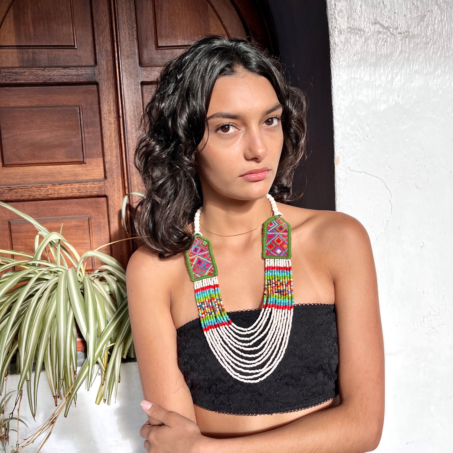 Necklaces with ceremonial textile and beaded chains - "Aguacatán Blancos"