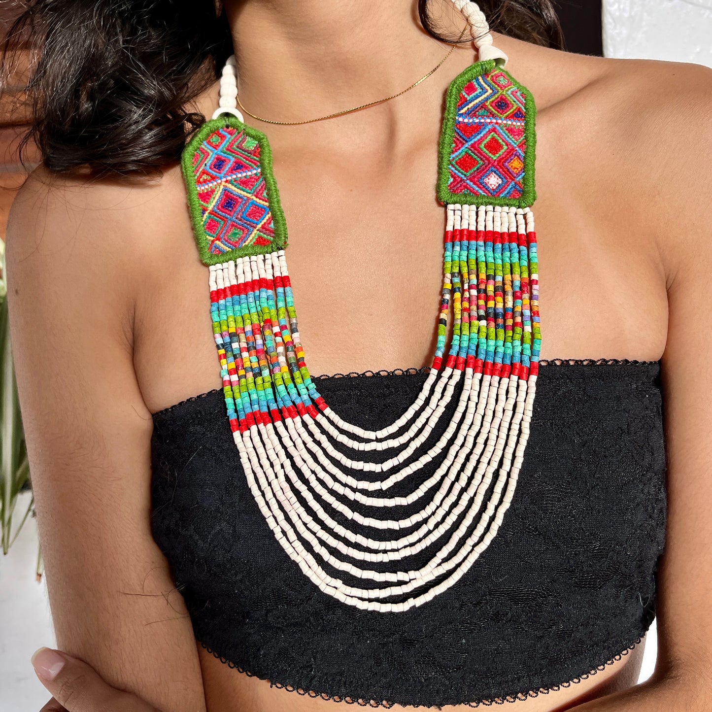 Necklaces with ceremonial textile and beaded chains - "Aguacatán Blancos"