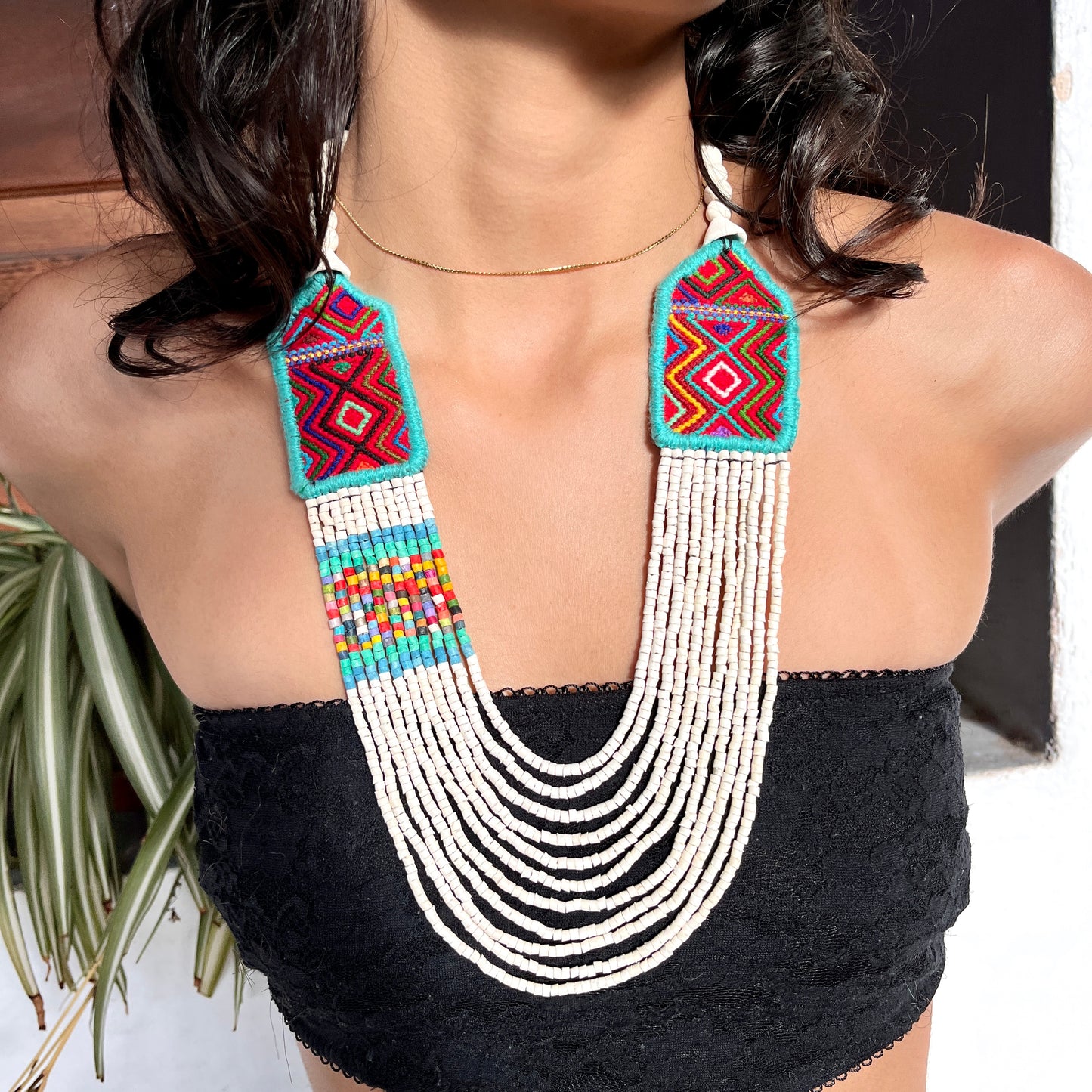 Necklaces with ceremonial textile and beaded chains - "Aguacatán Blancos"