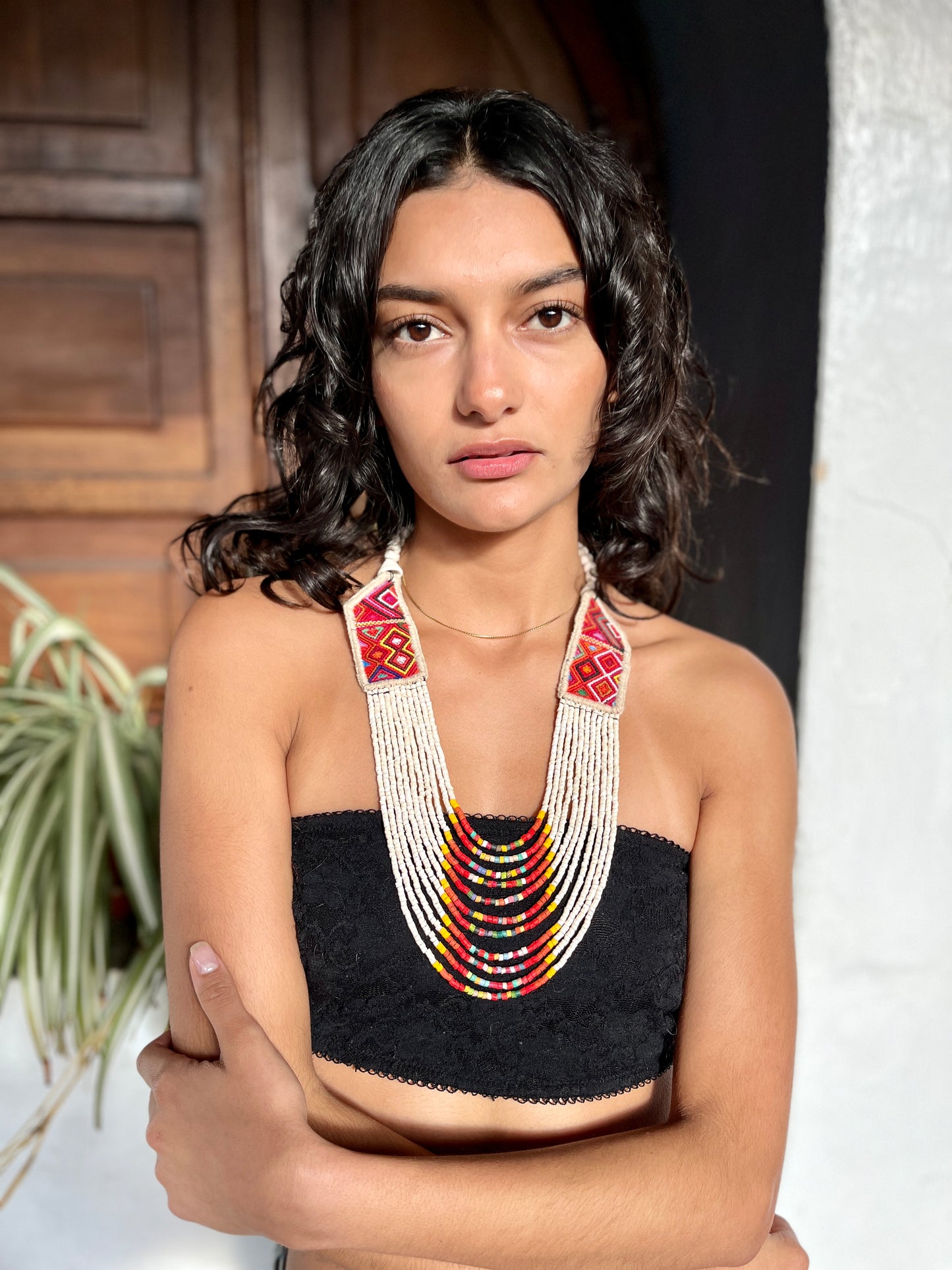 Necklaces with ceremonial textile and beaded chains - "Aguacatán Blancos"