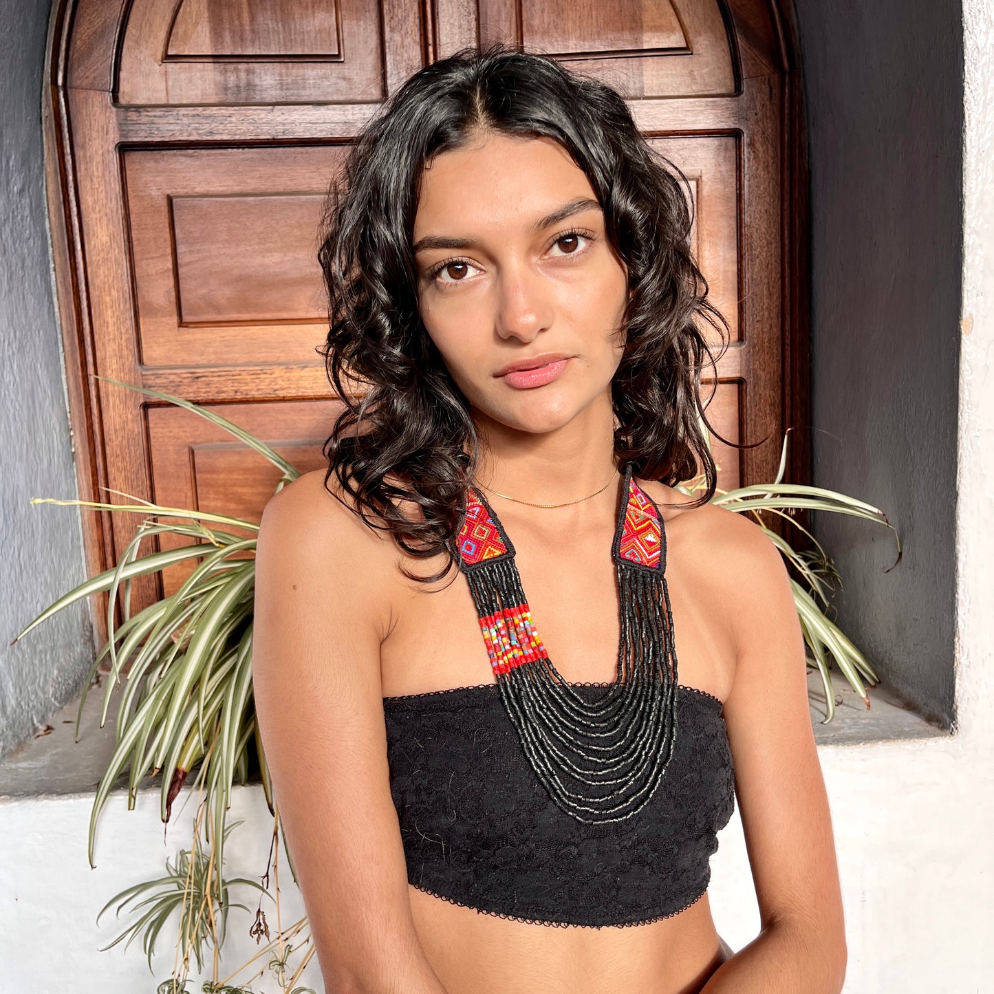 Necklaces with ceremonial textile and beaded chains - "Aguacatán Colores"