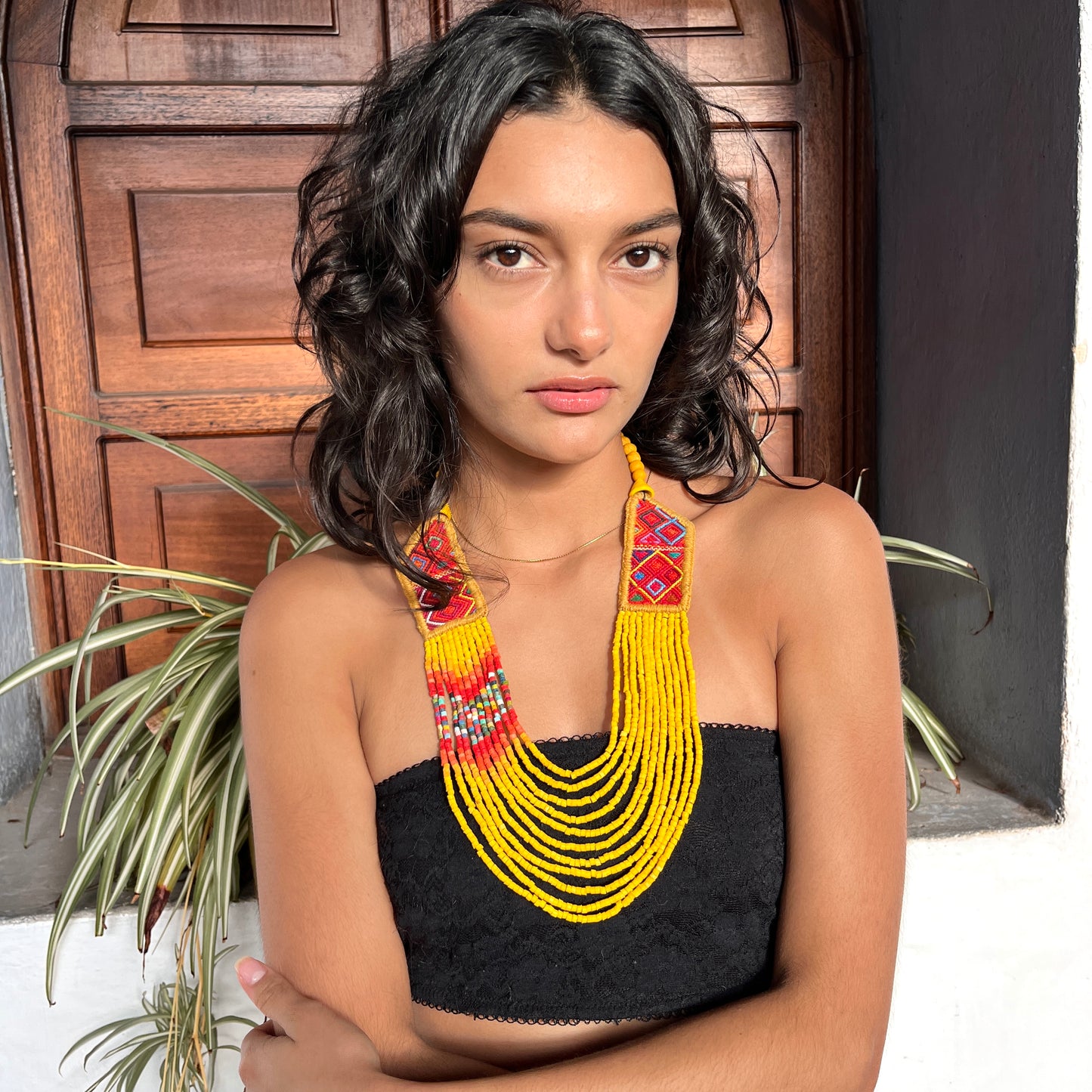 Necklaces with ceremonial textile and beaded chains - "Aguacatán Colores"