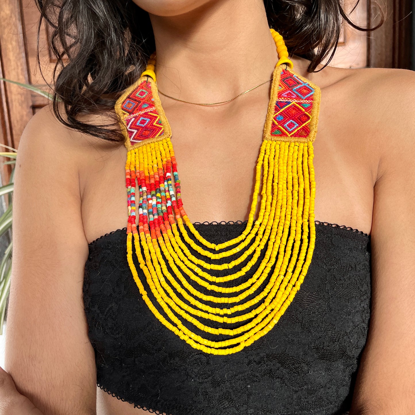 Necklaces with ceremonial textile and beaded chains - "Aguacatán Colores"