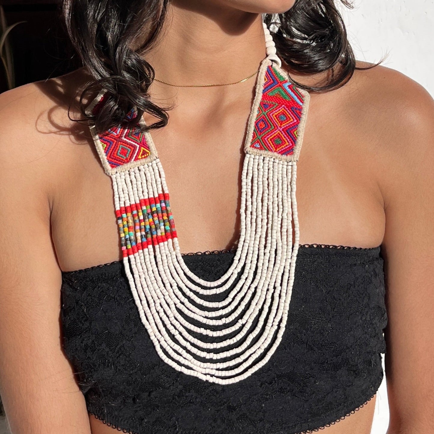 Necklaces with ceremonial textile and beaded chains - "Aguacatán Blancos"