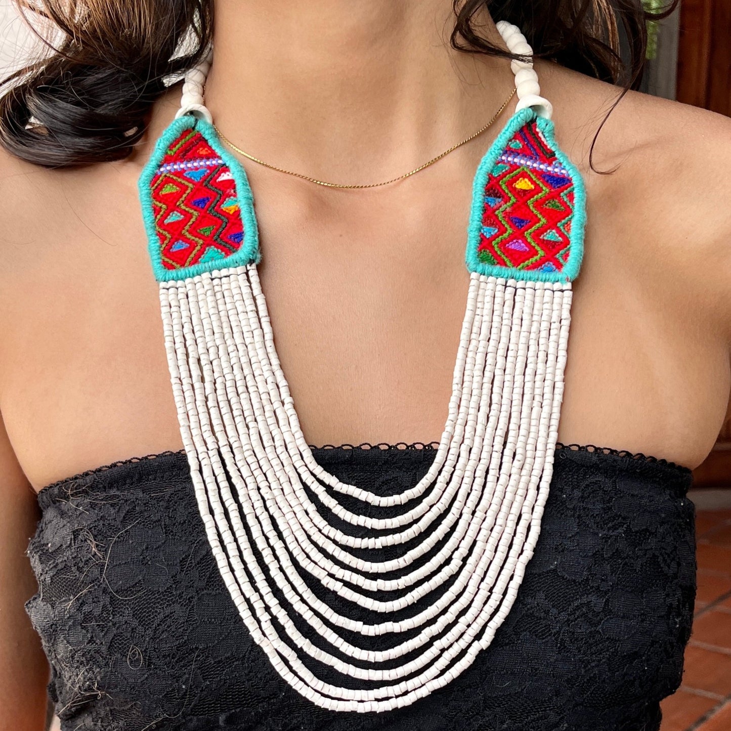 Necklaces with ceremonial textile and beaded chains - "Aguacatán Blancos"