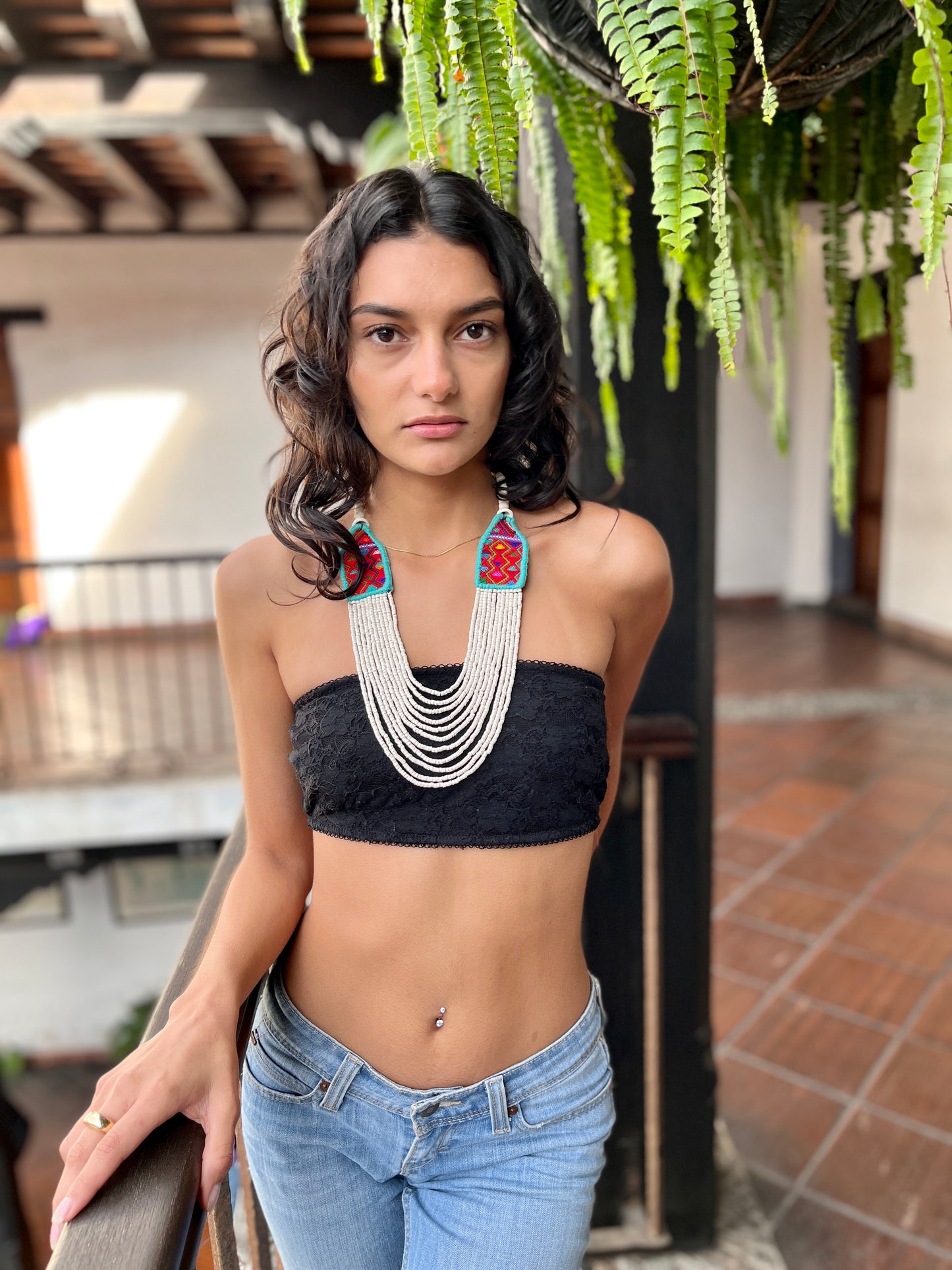 Necklaces with ceremonial textile and beaded chains - "Aguacatán Blancos"