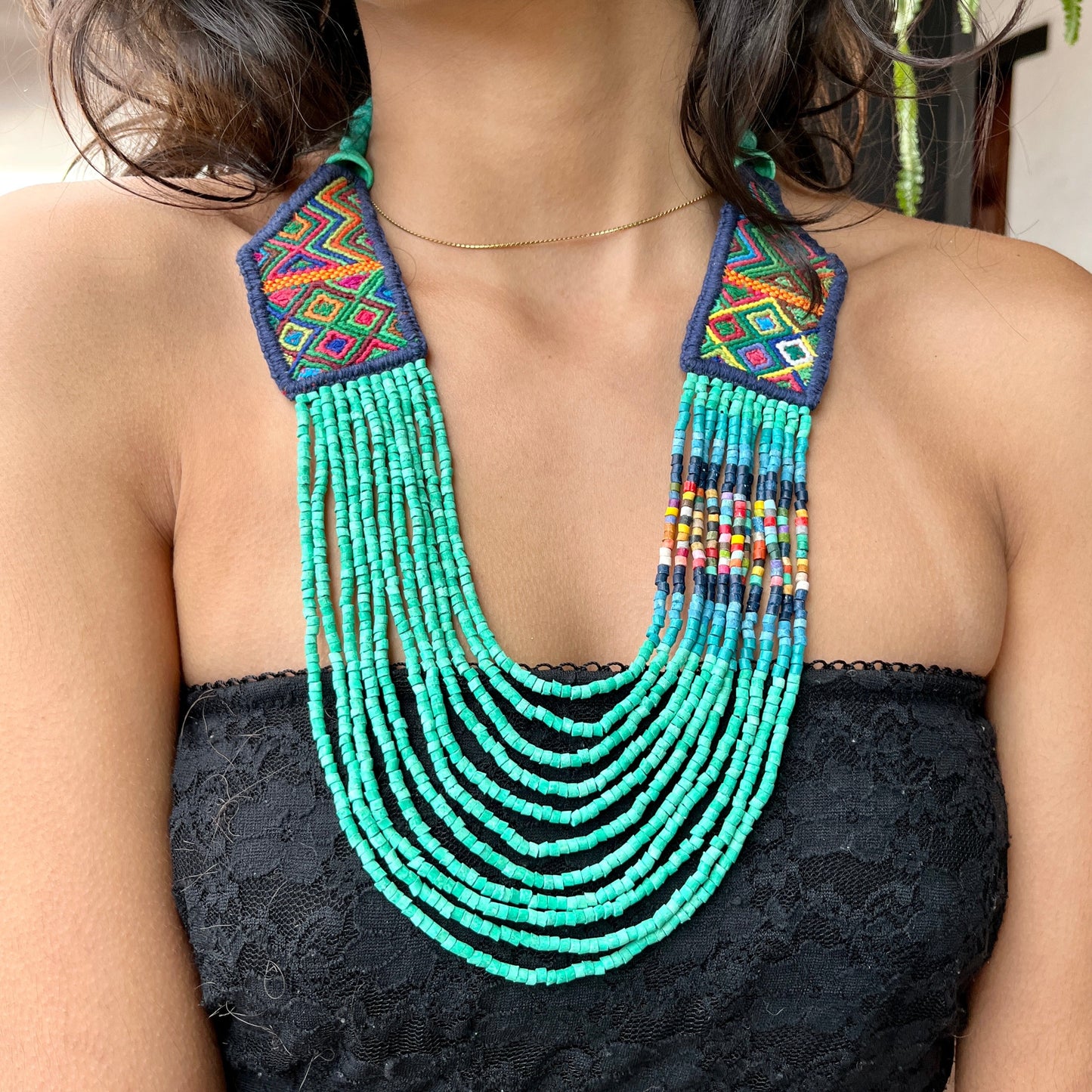 Necklaces with ceremonial textile and beaded chains - "Aguacatán Colores"