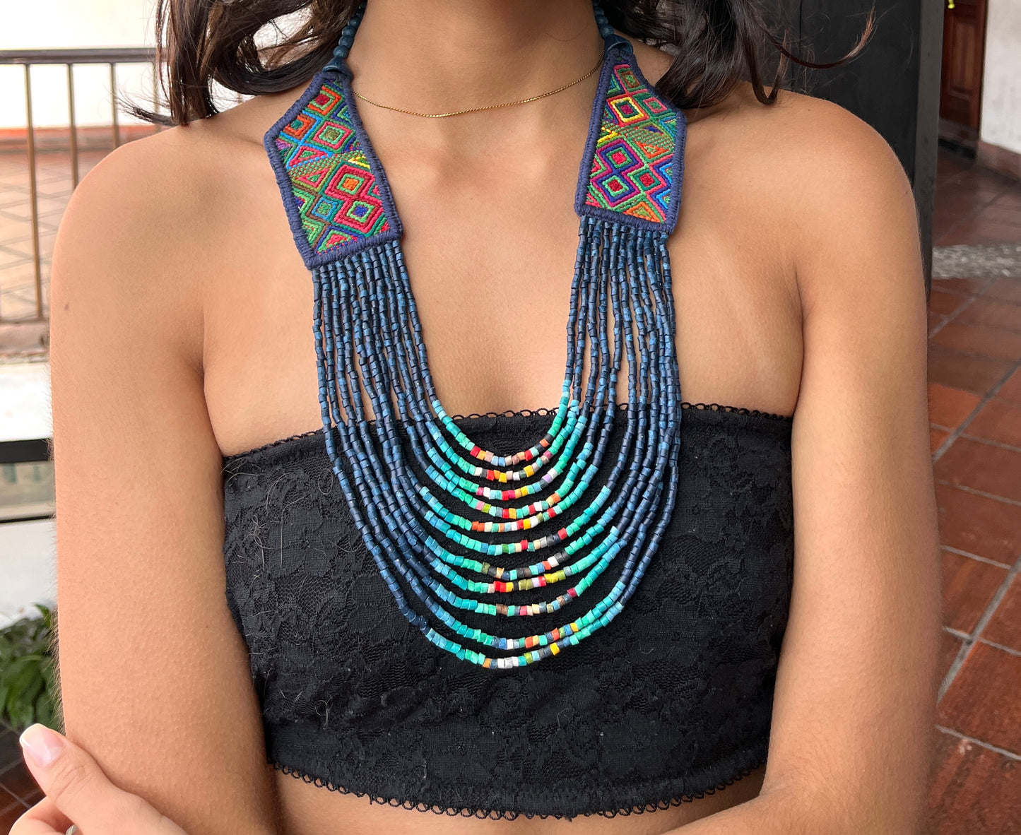 Necklaces with ceremonial textile and beaded chains - "Aguacatán Colores"