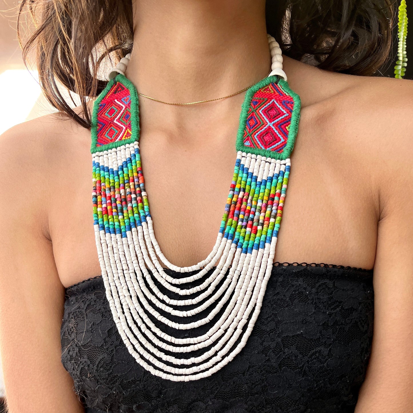 Necklaces with ceremonial textile and beaded chains - "Aguacatán Blancos"