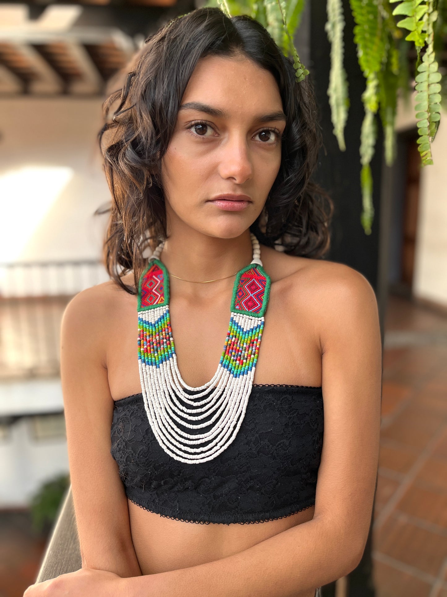 Necklaces with ceremonial textile and beaded chains - "Aguacatán Blancos"