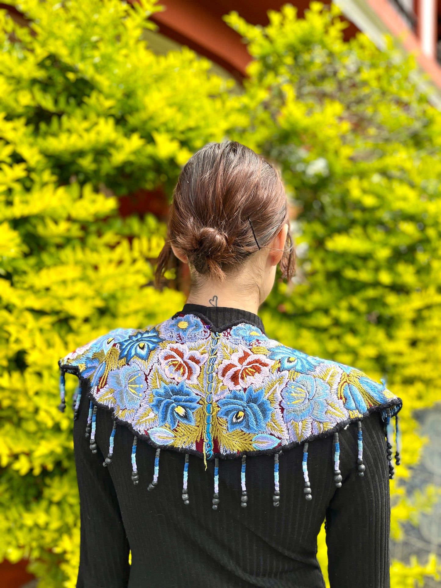 Textile Cape with Beaded Body Chains - "Huipil Capa", navy oceano