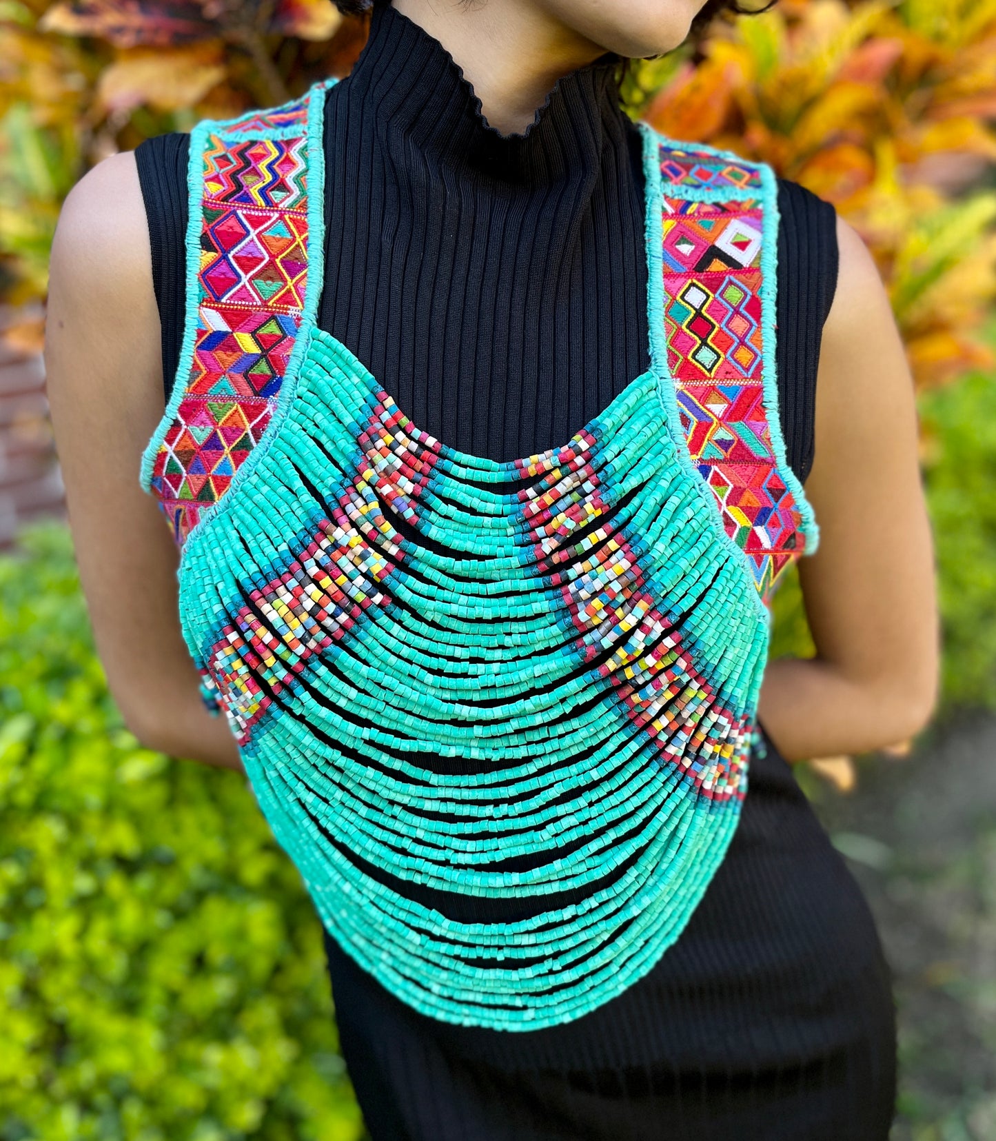 Textile Vest with Beaded Chains - "Imperial Aguacatán", turquoise (S)