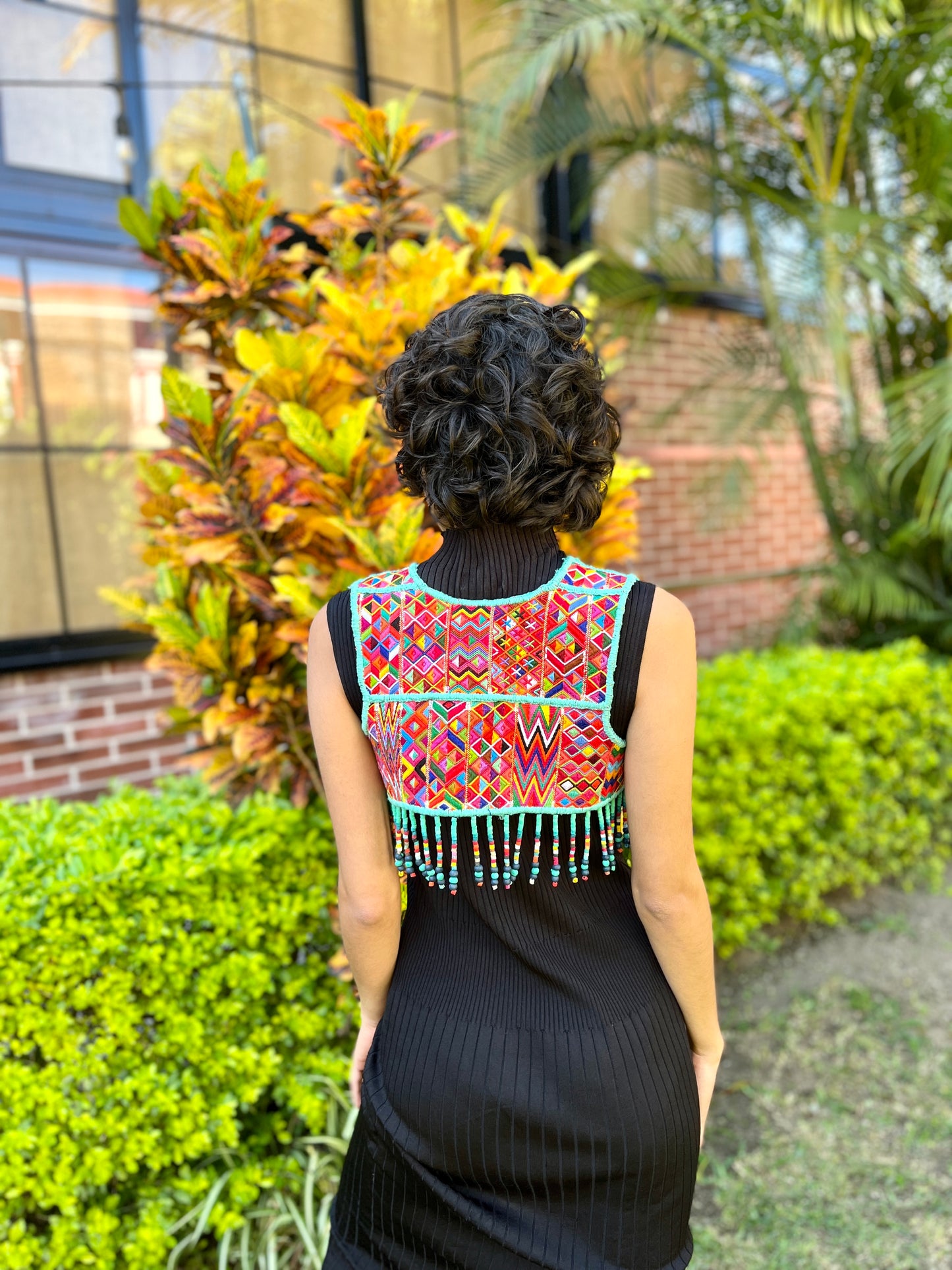 Textile Vest with Beaded Chains - "Imperial Aguacatán", turquoise (S)