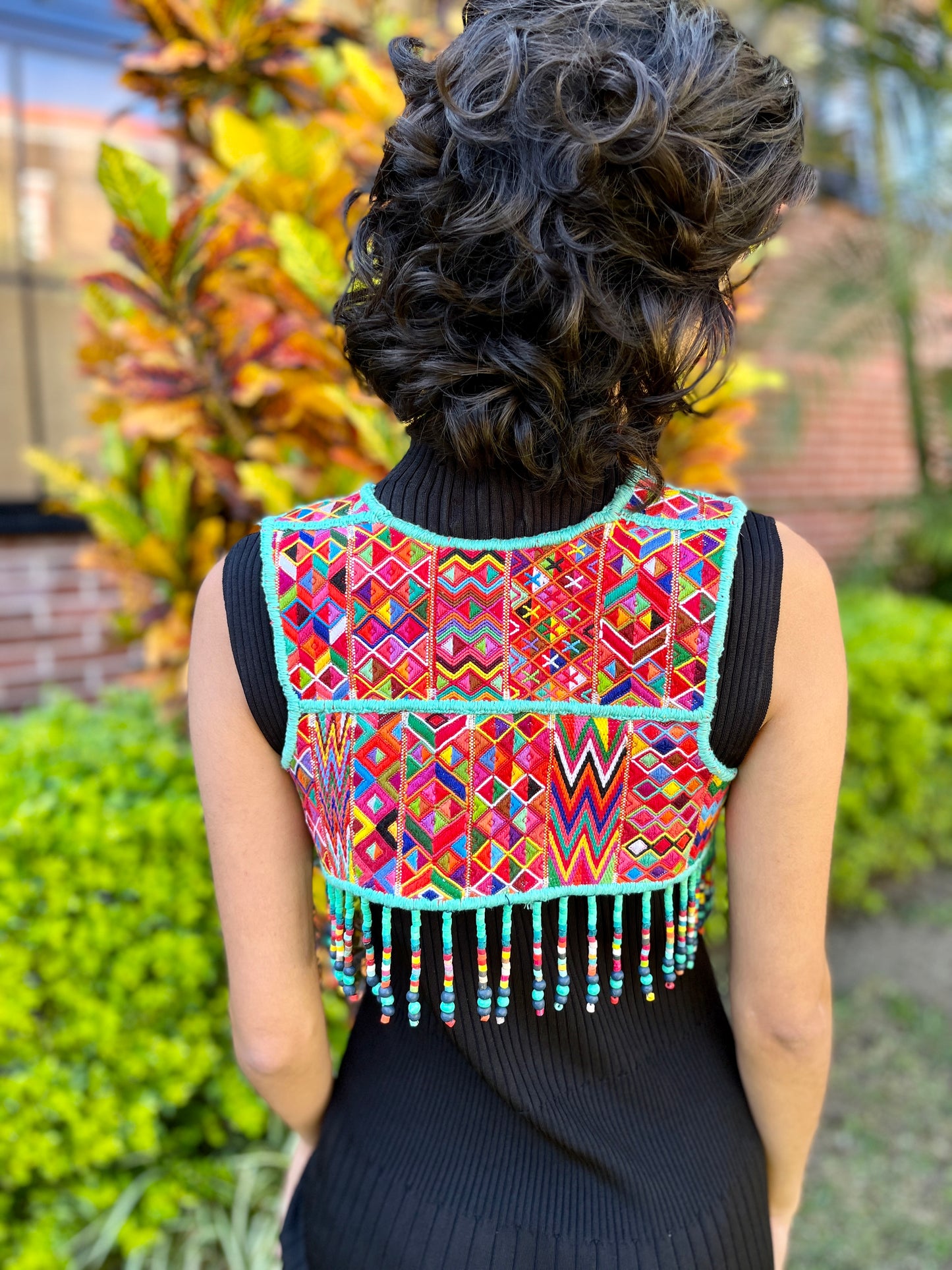 Textile Vest with Beaded Chains - "Imperial Aguacatán", turquoise (S)