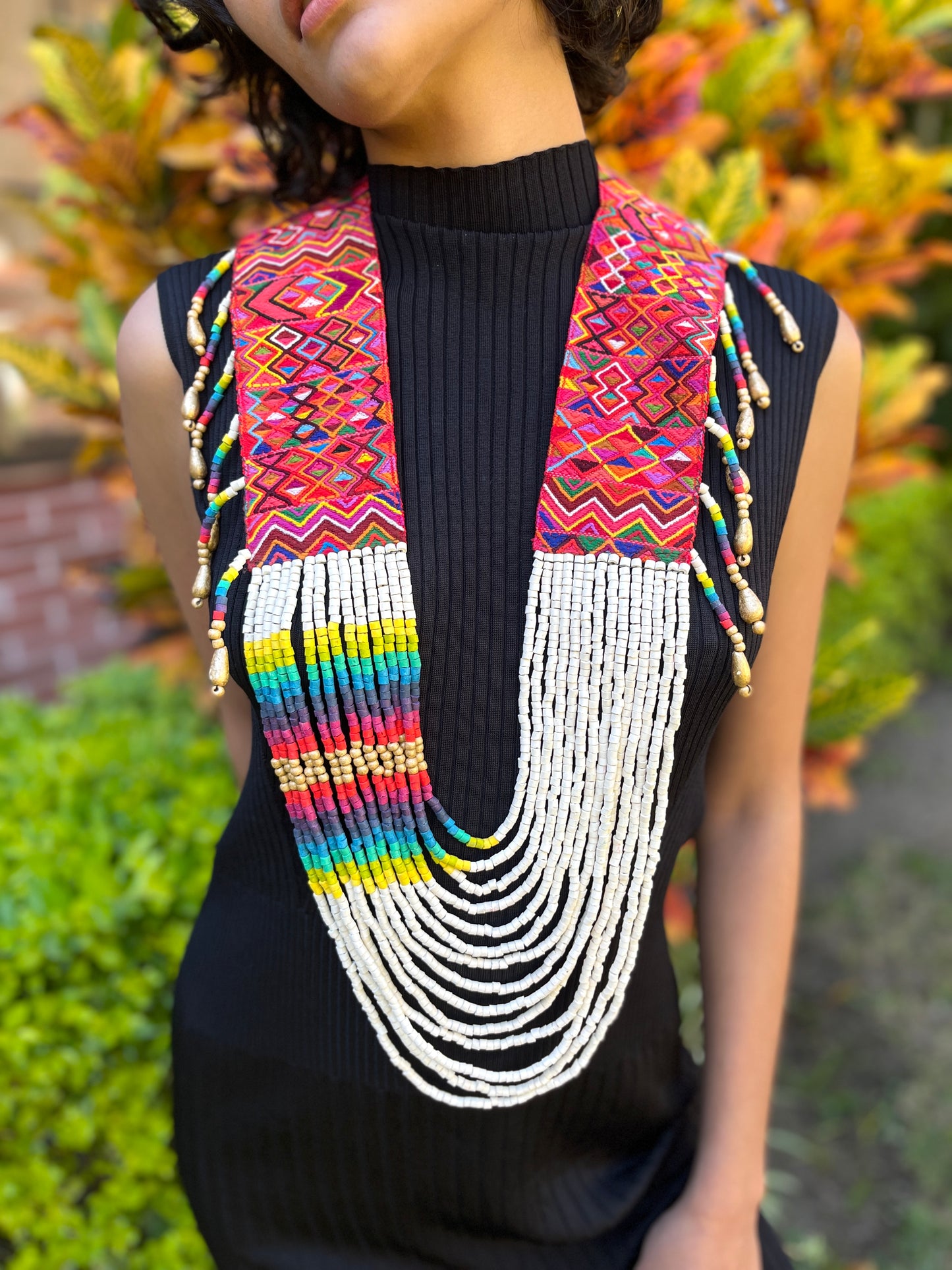 Ceremonial Shoulder Piece with Beaded Chains - "Aguacatán", white/rainbow
