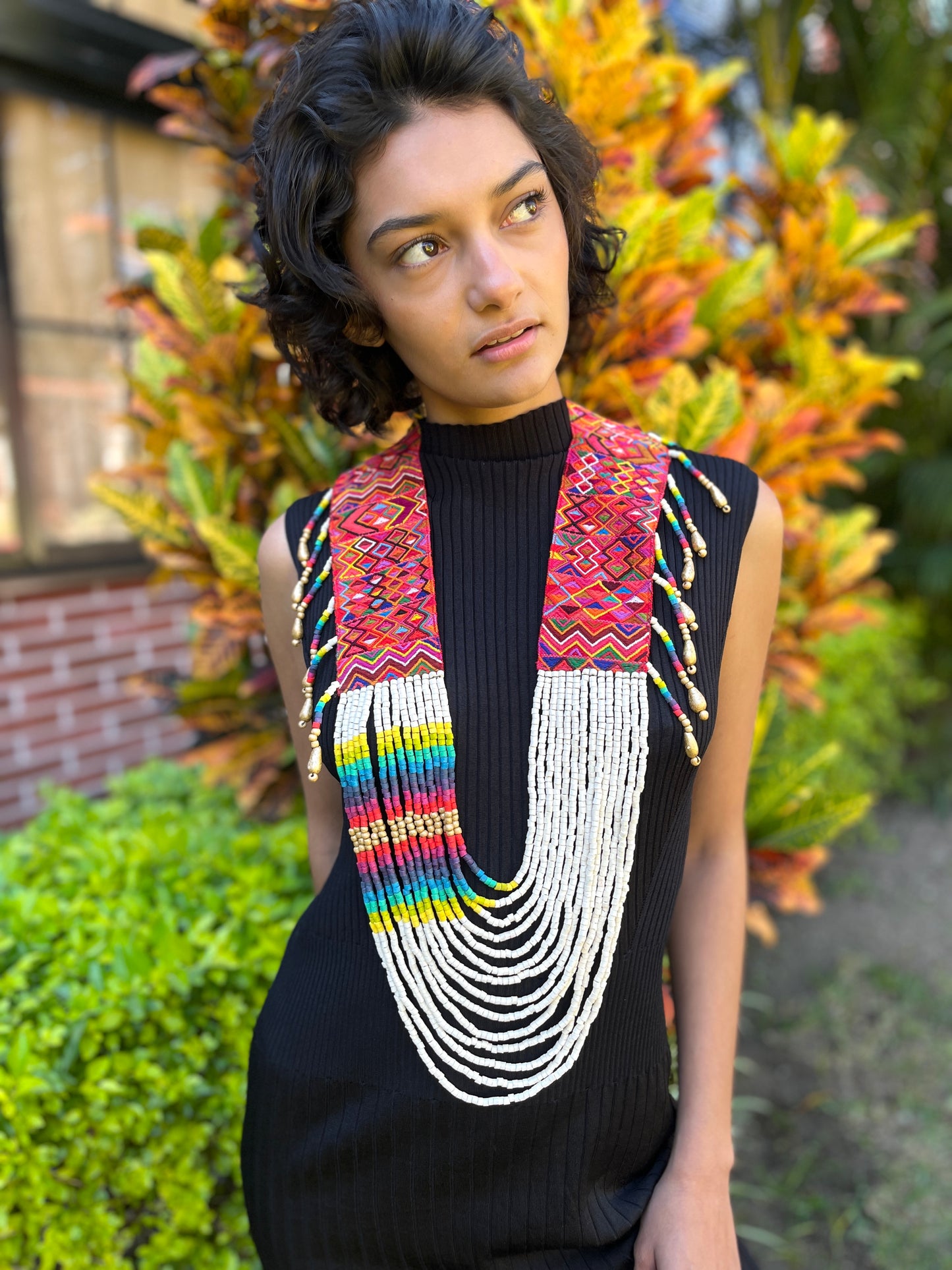 Ceremonial Shoulder Piece with Beaded Chains - "Aguacatán", white/rainbow