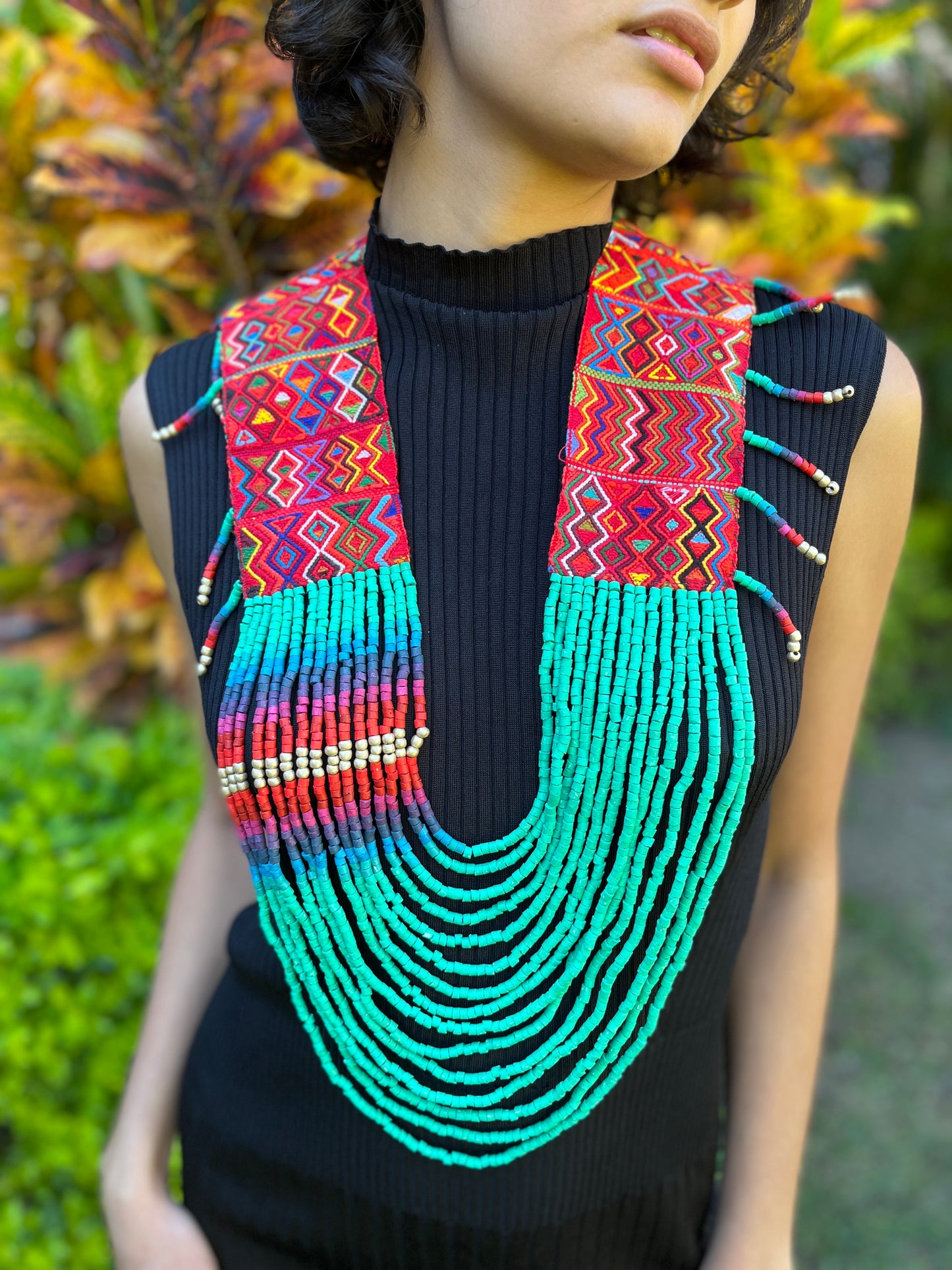 Ceremonial Shoulder Piece with Beaded Chains - "Aguacatán", turquoise/violet