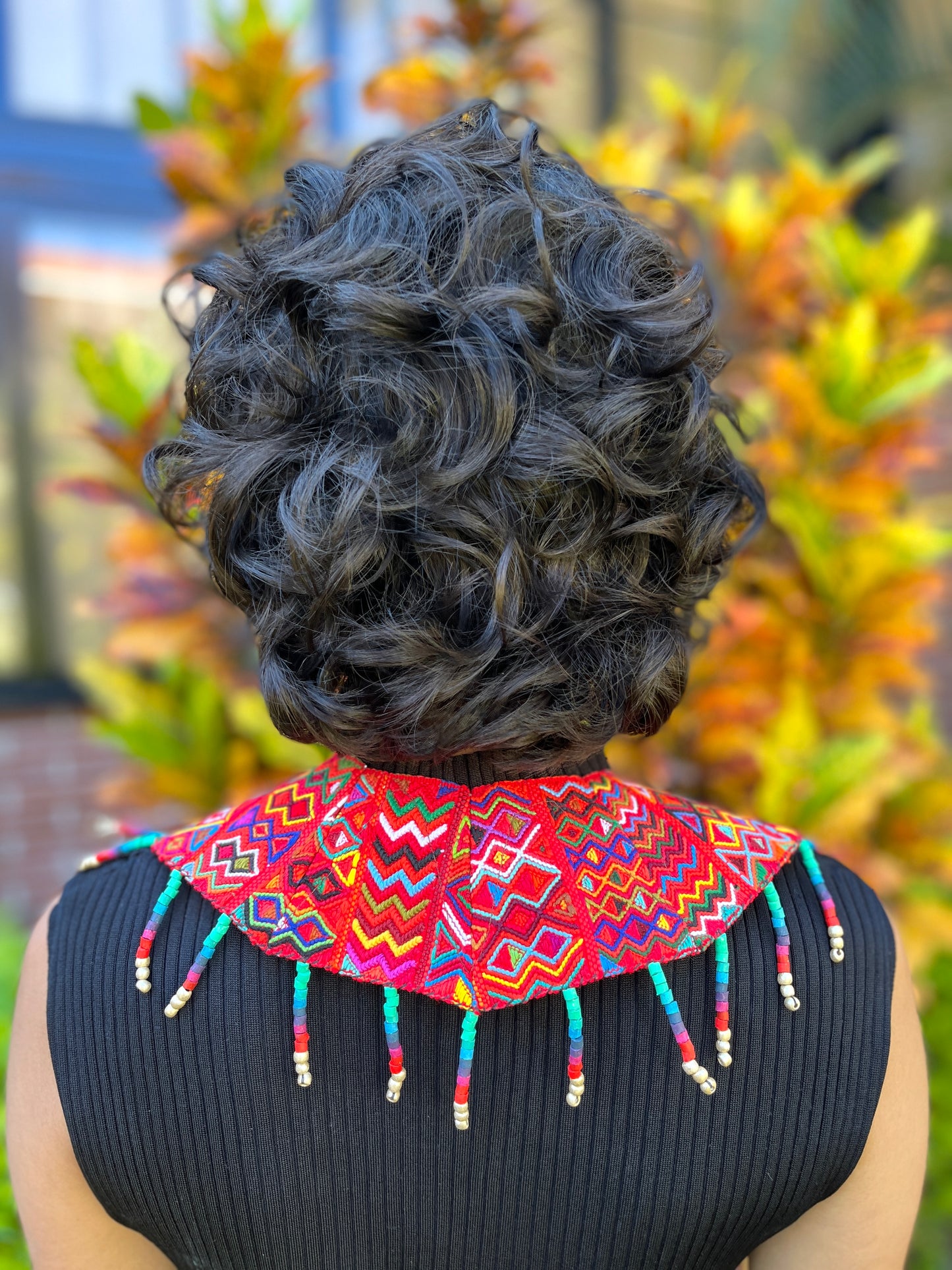 Ceremonial Shoulder Piece with Beaded Chains - "Aguacatán", turquoise/violet