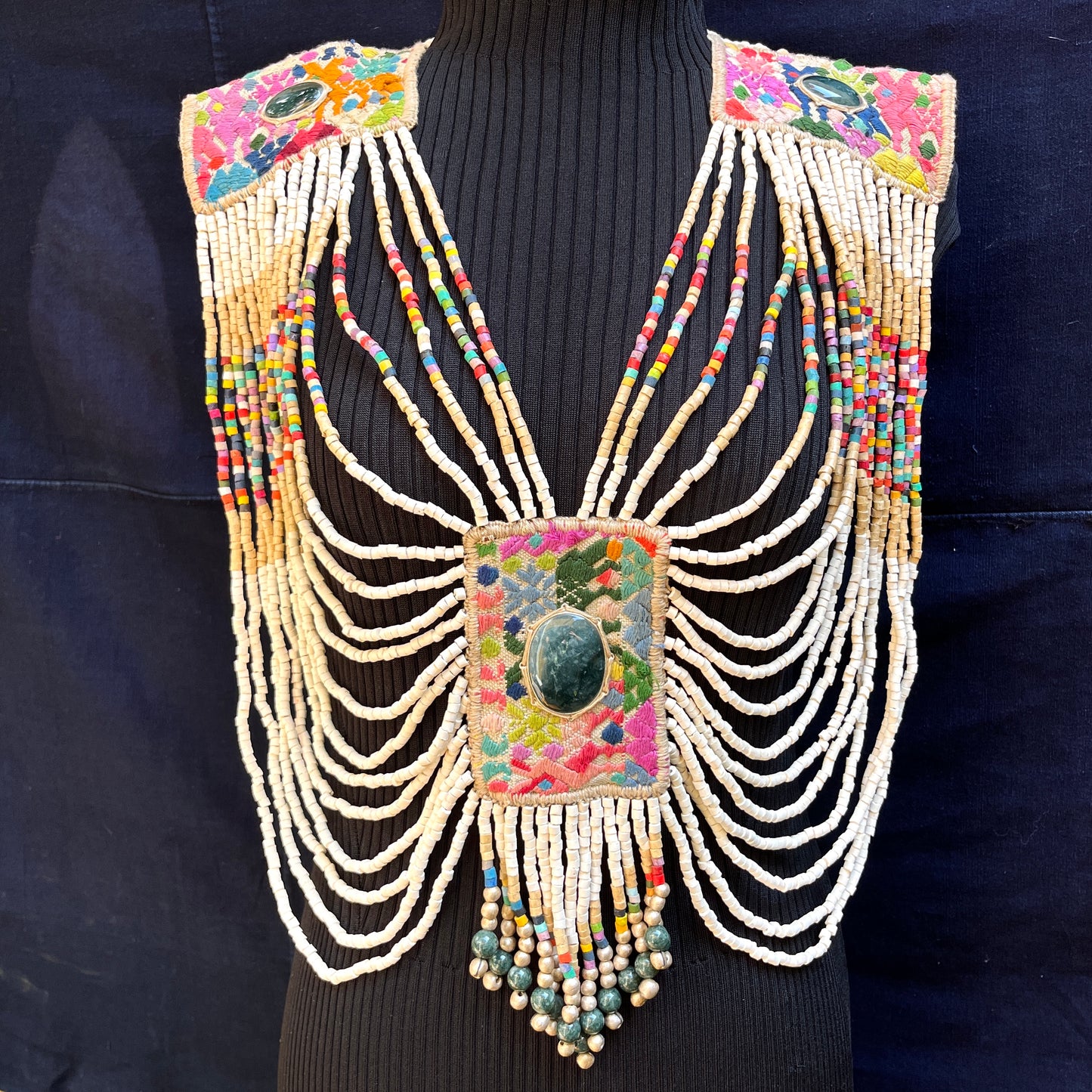 Body Jewelry with Beaded Chains and Jade Stone - "Goddess Warrior", white/multicolor