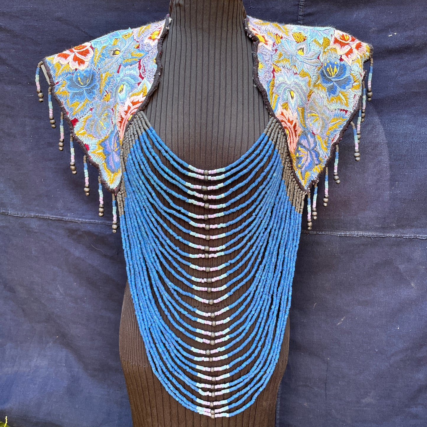 Textile Cape with Beaded Body Chains - "Huipil Capa", navy oceano