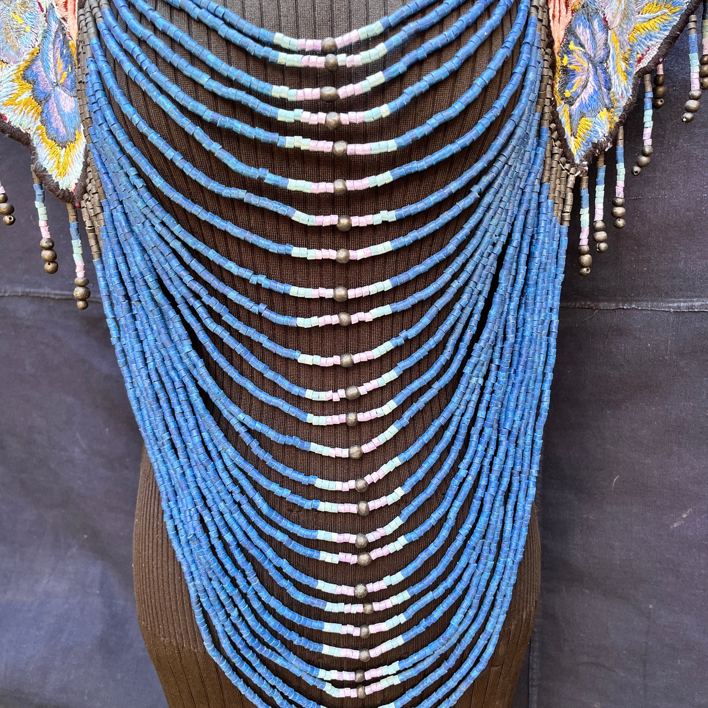 Textile Cape with Beaded Body Chains - "Huipil Capa", navy oceano