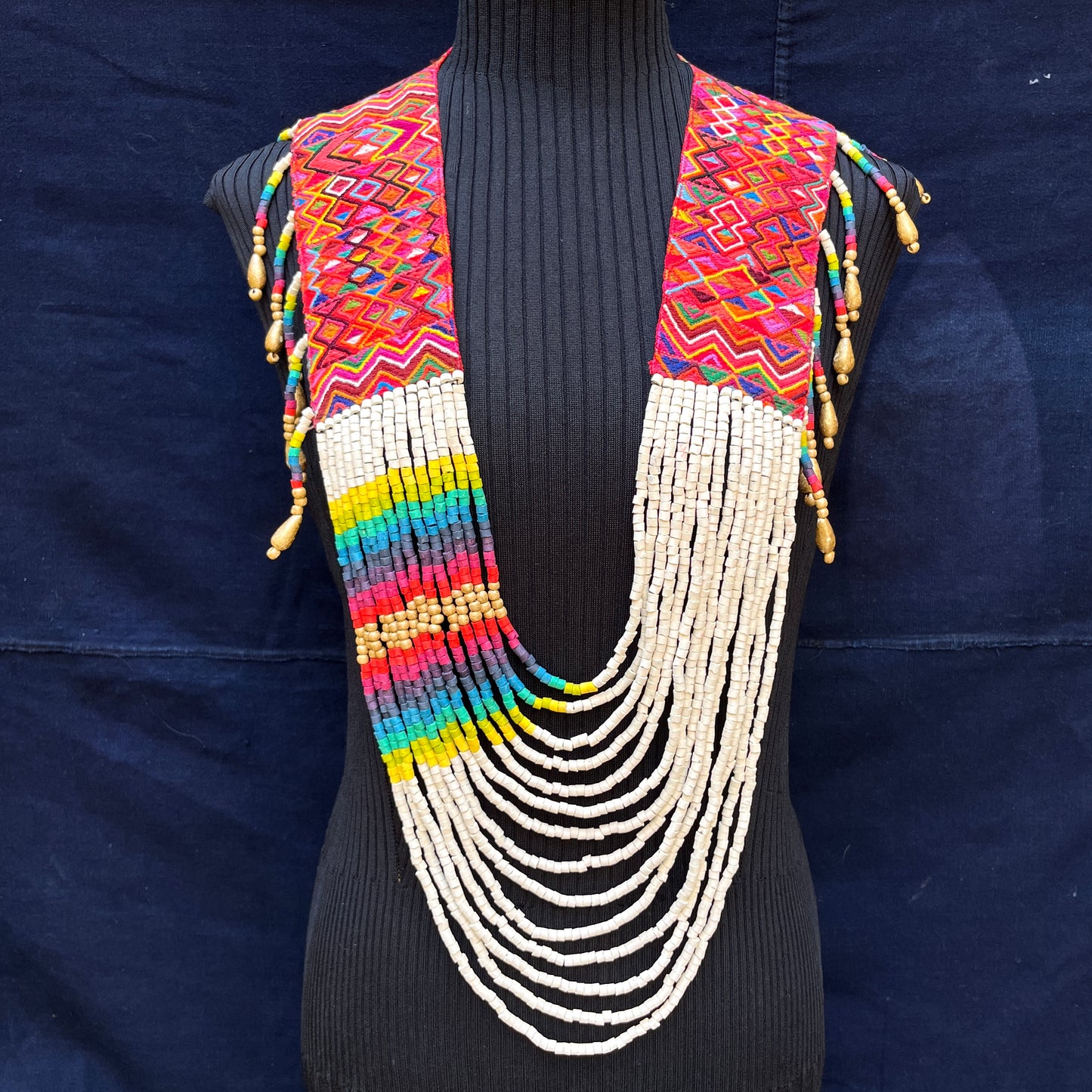 Ceremonial Shoulder Piece with Beaded Chains - "Aguacatán", white/rainbow