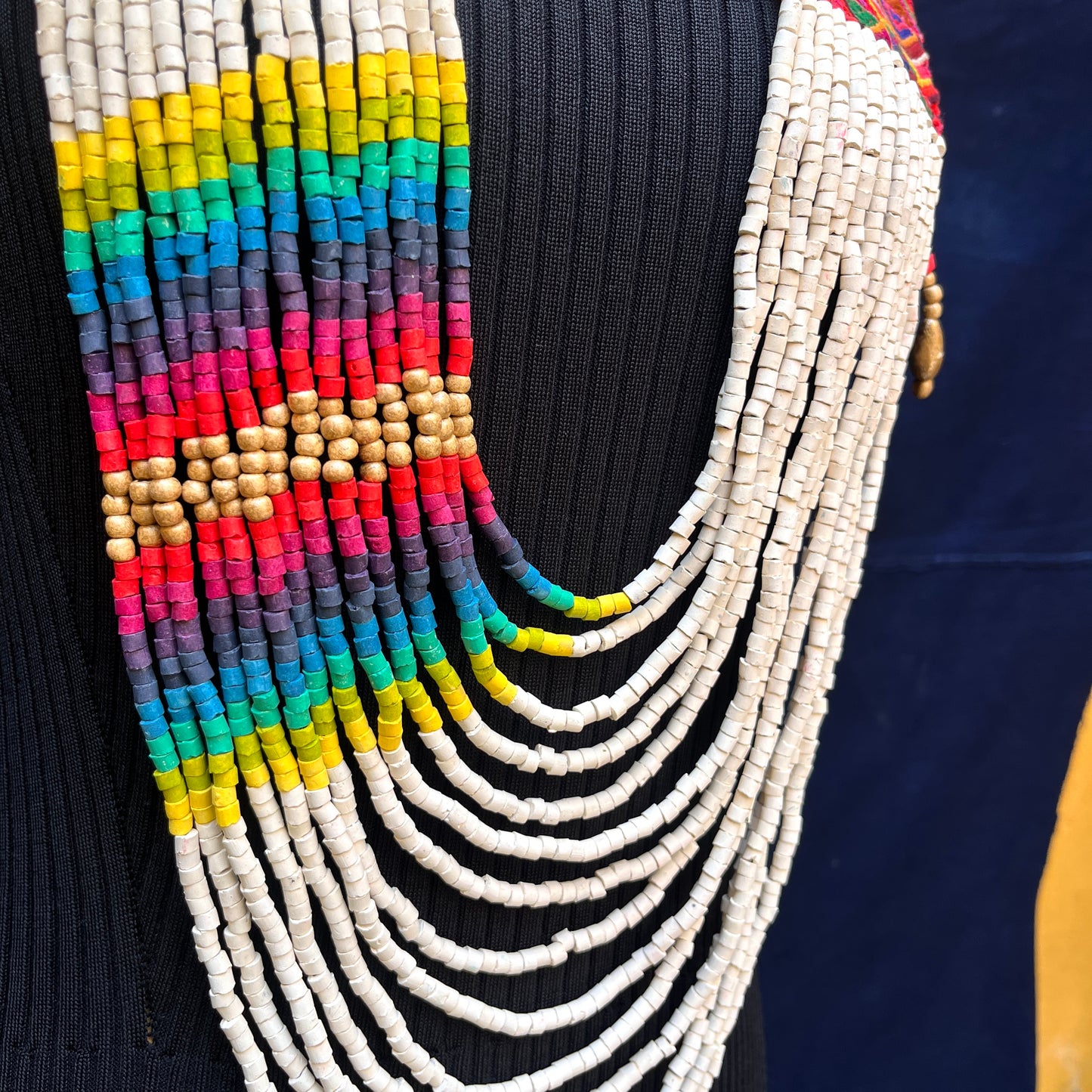 Ceremonial Shoulder Piece with Beaded Chains - "Aguacatán", white/rainbow