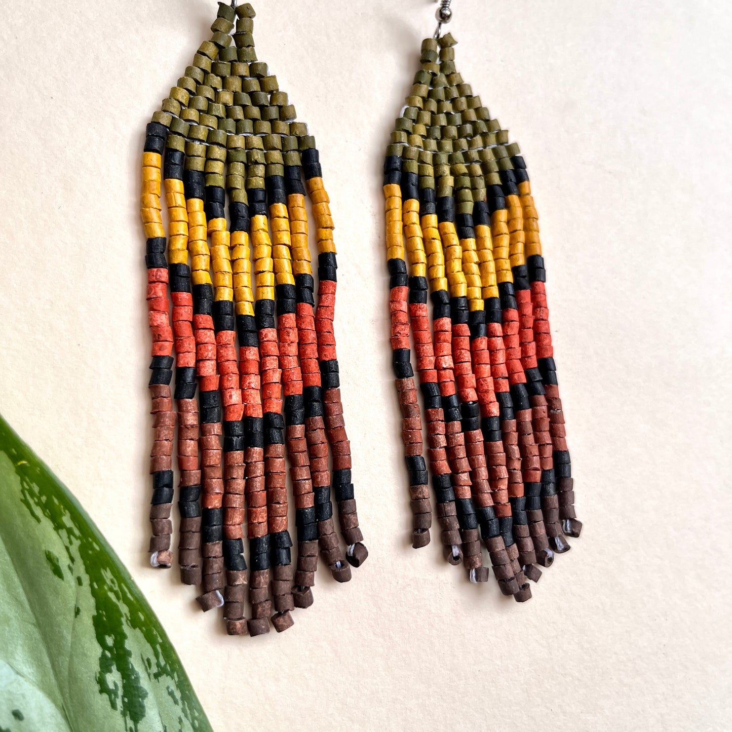 Five Arrows, Five Tones Fringe Earrings - "Tikal Arrows"