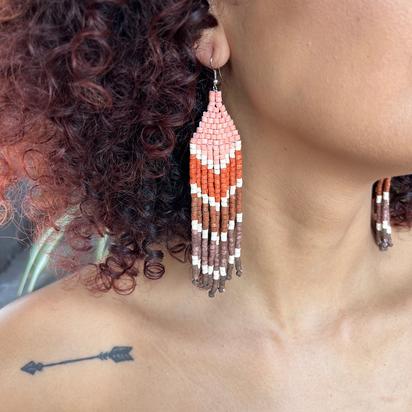 Five Arrows, Five Tones Fringe Earrings - "Tikal Arrows"