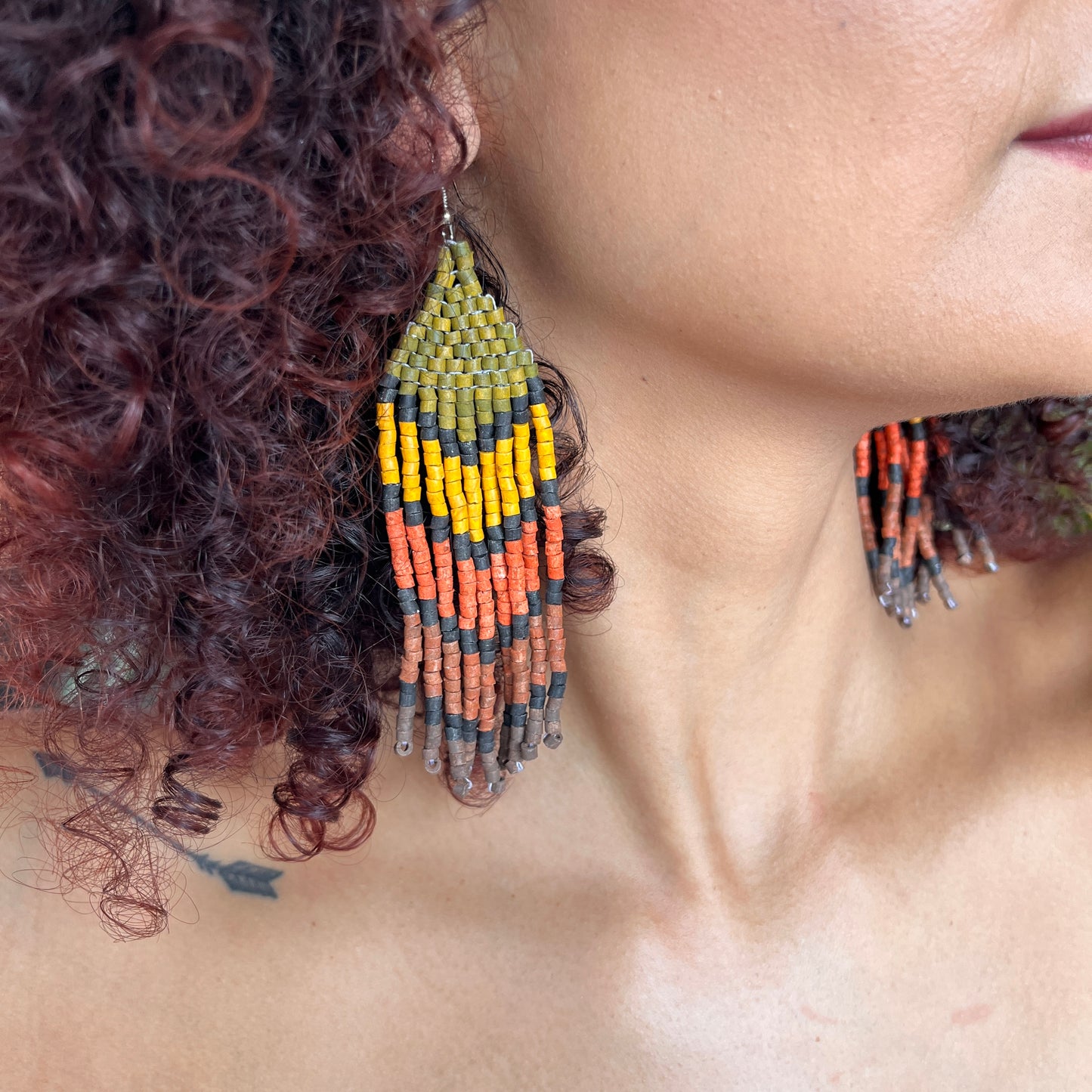 Five Arrows, Five Tones Fringe Earrings - "Tikal Arrows"