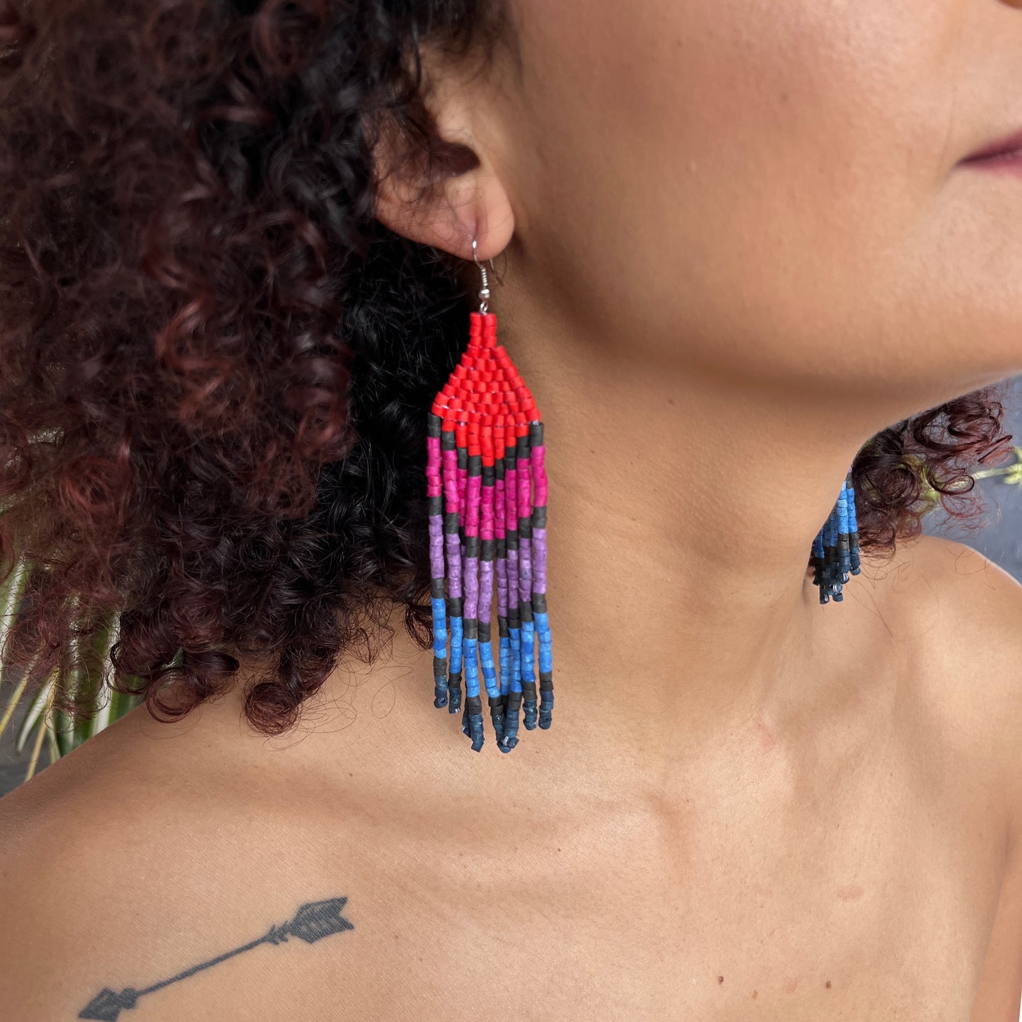 Five Arrows, Five Tones Fringe Earrings - "Tikal Arrows"