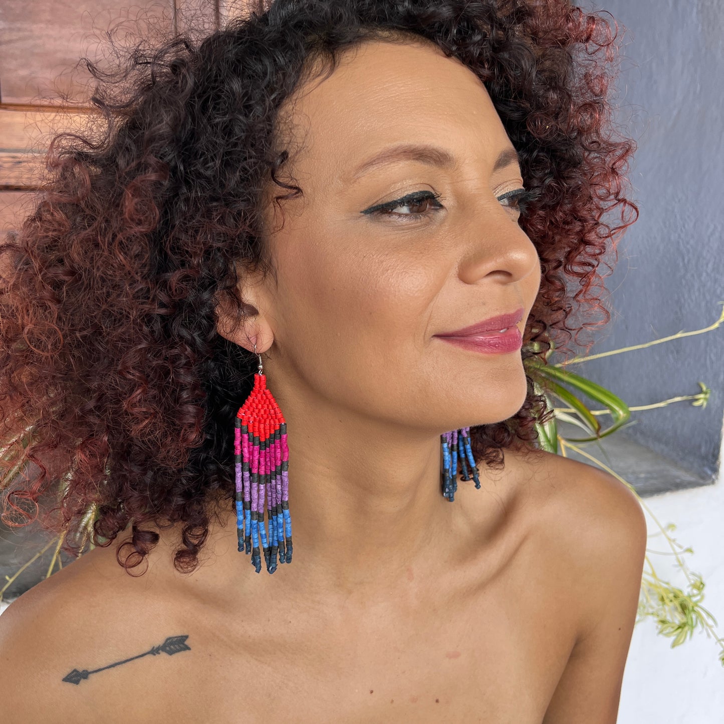 Five Arrows, Five Tones Fringe Earrings - "Tikal Arrows"