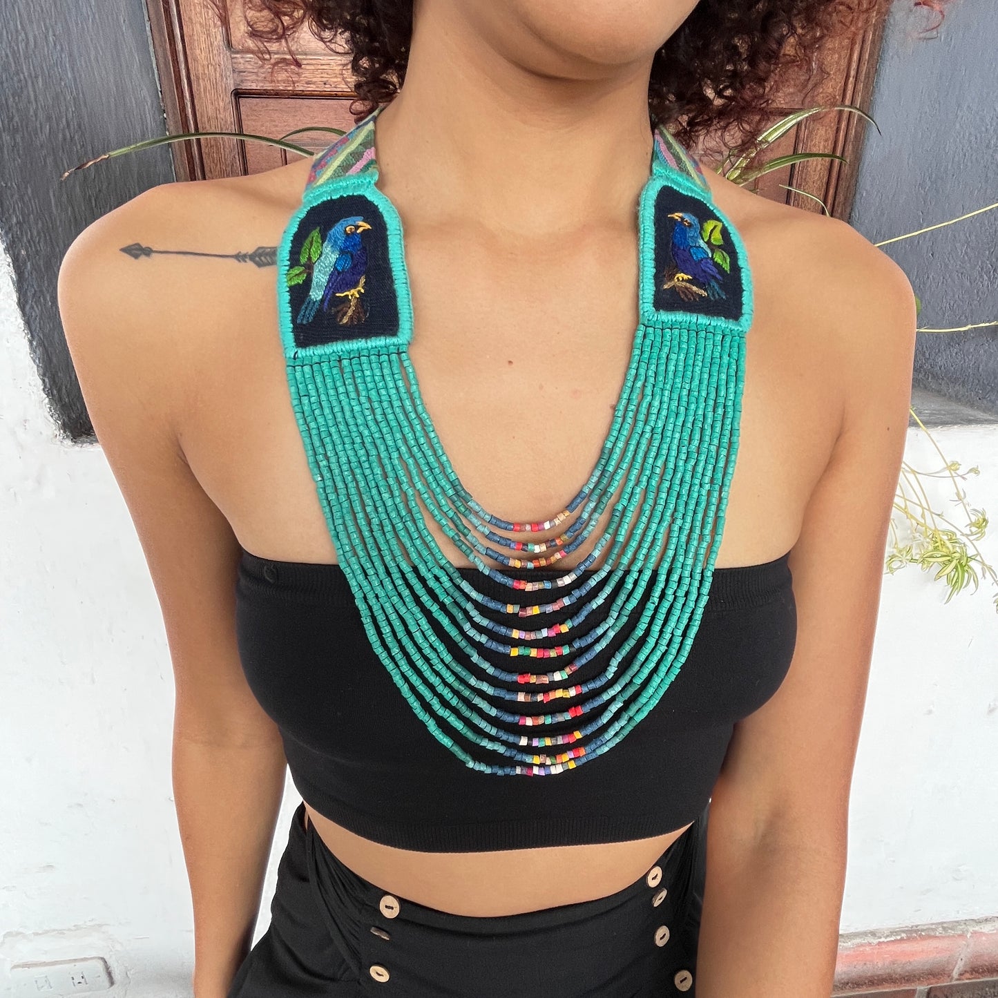 Hand-embroidered Birds Necklaces - "Santiago x Zunil"