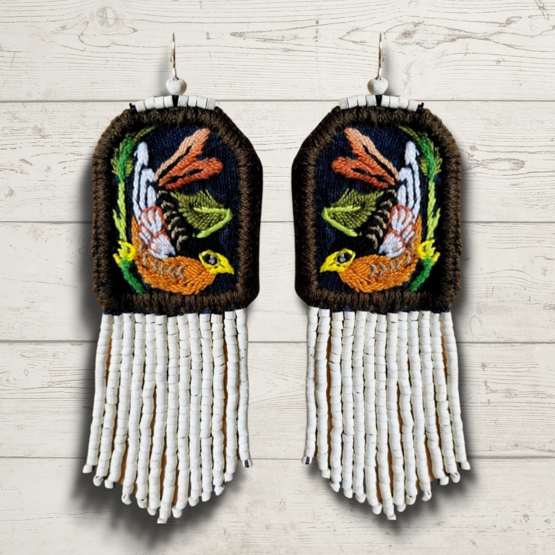 Embroidered Birds, Beaded, Dangle Earrings- "Santiago Birds", handmade