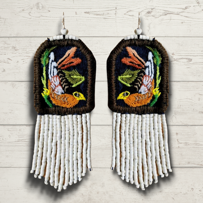 Embroidered Birds, Beaded, Dangle Earrings- "Santiago Birds", handmade