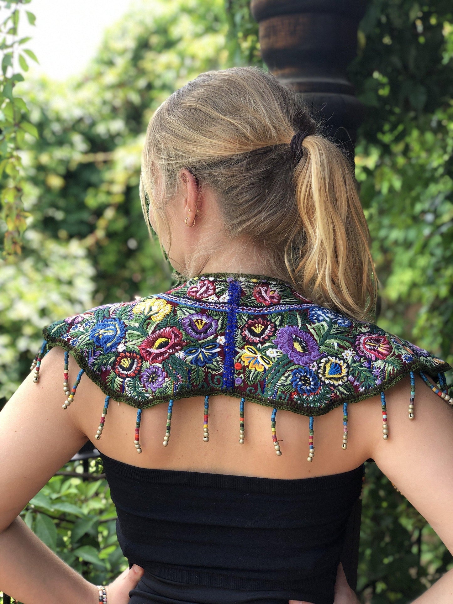 Textile Shoulder Pieces with Beaded Chains - "Huipil"