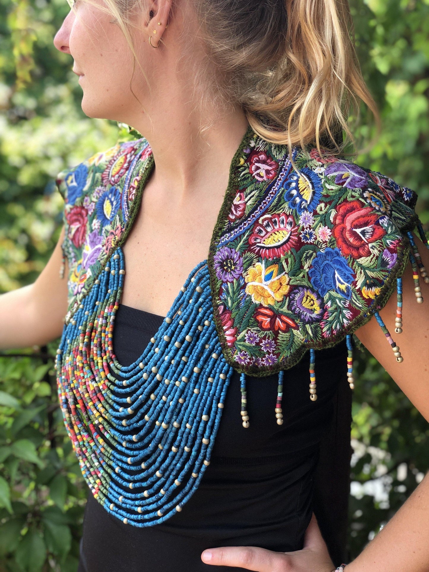 Textile Shoulder Pieces with Beaded Chains - "Huipil"