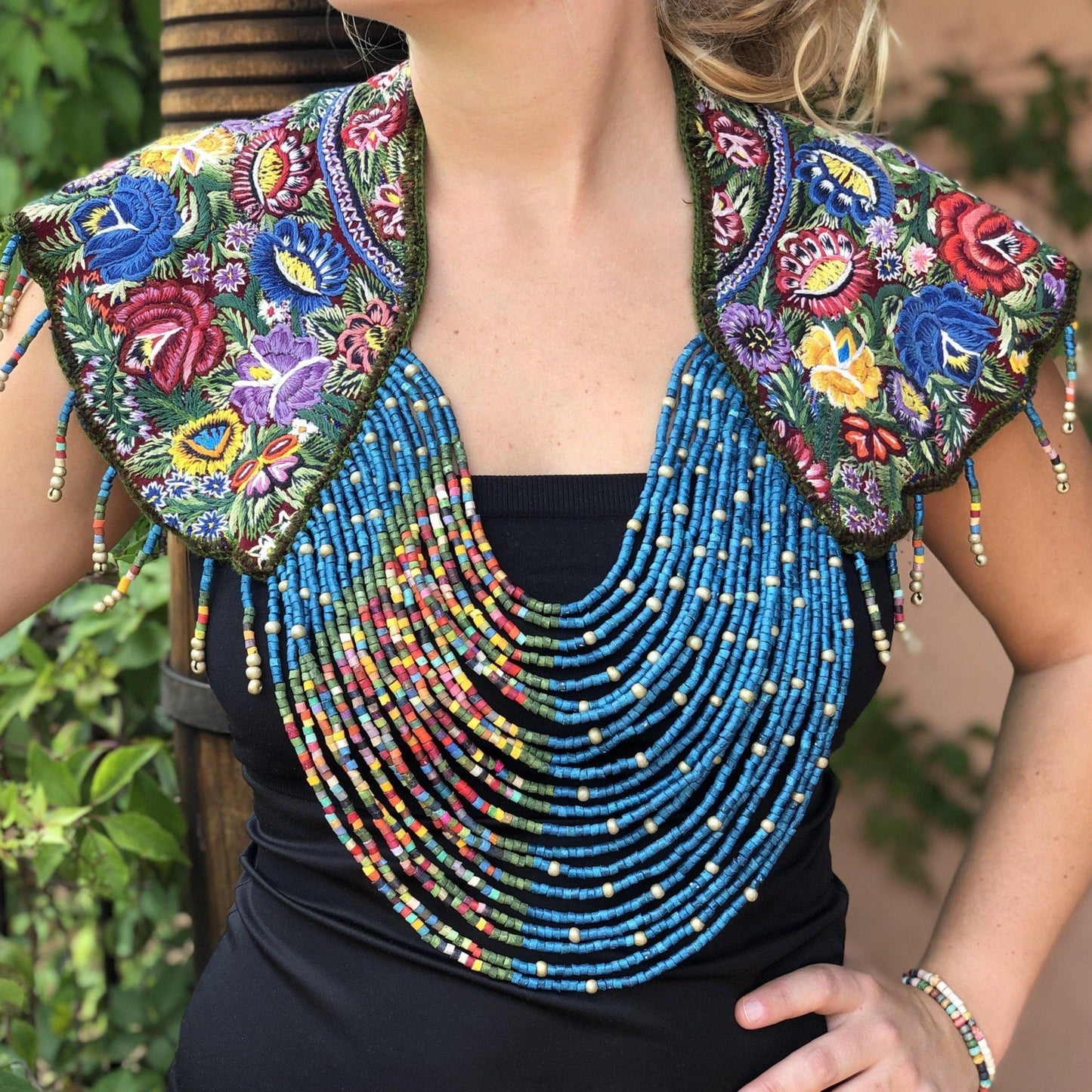 Textile Shoulder Pieces with Beaded Chains - "Huipil"