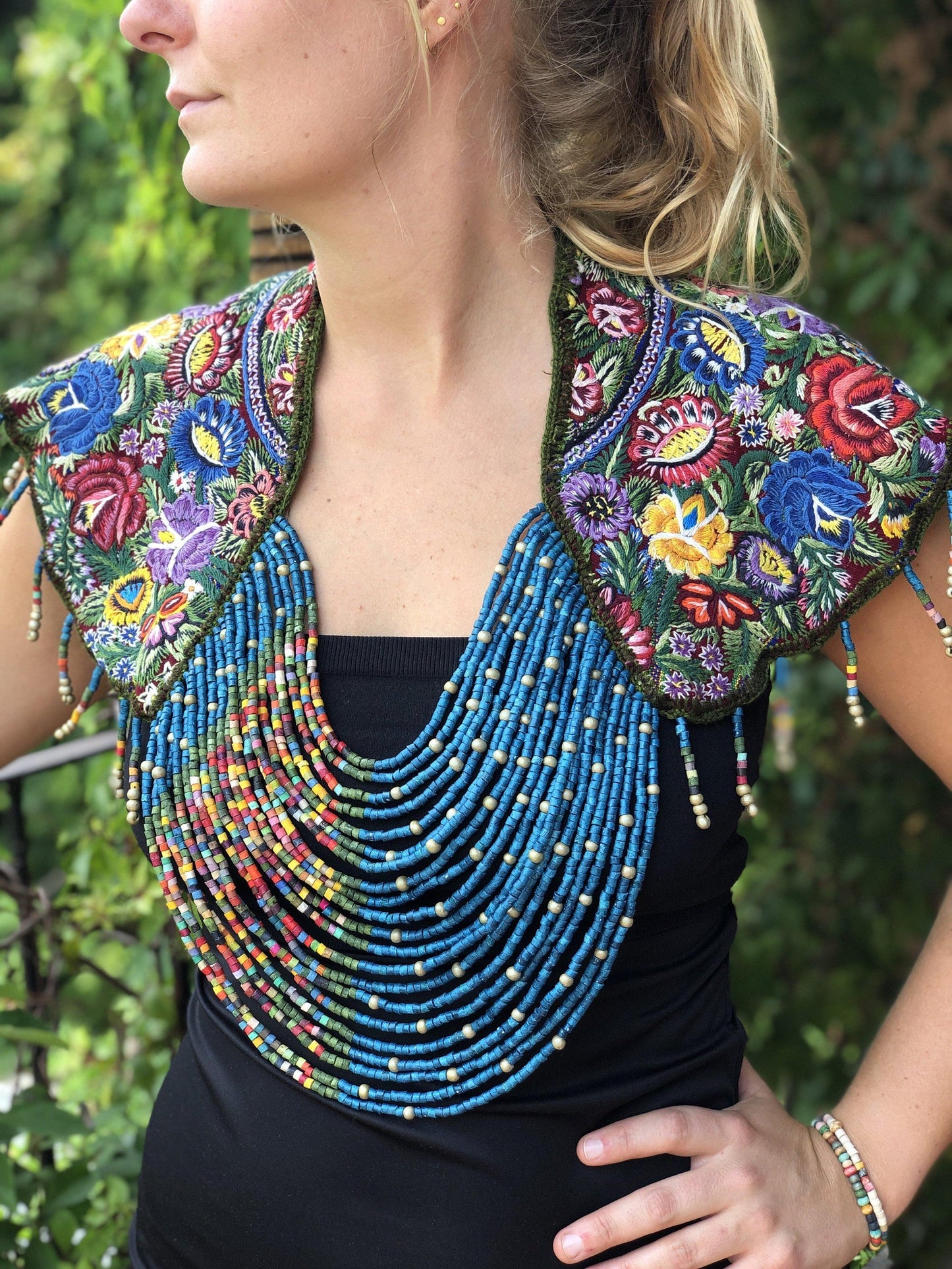 Textile Shoulder Pieces with Beaded Chains - "Huipil"