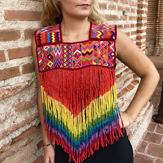 Ceremonial Textile Poncho with Beaded, Long Fringes - "Rainbow Magic"