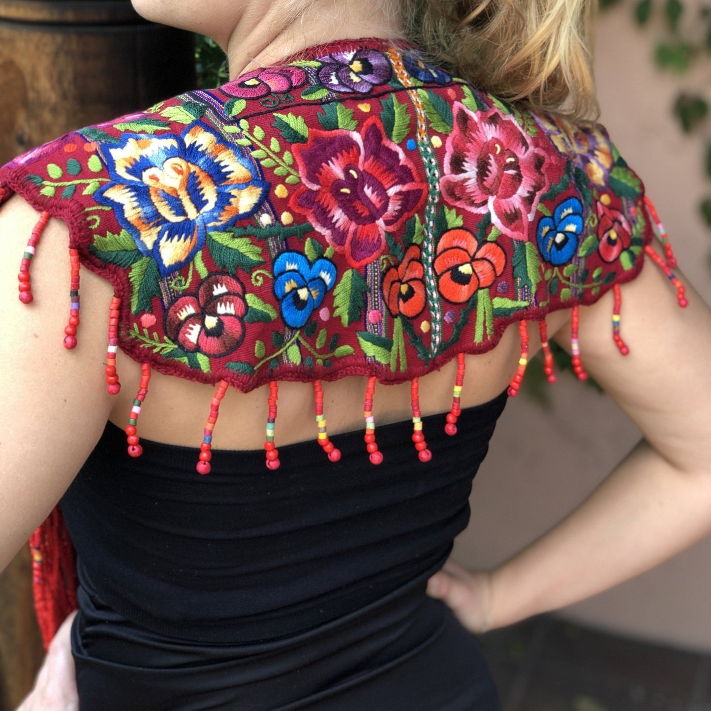 Textile Shoulder Pieces with Beaded Chains - "Huipil"