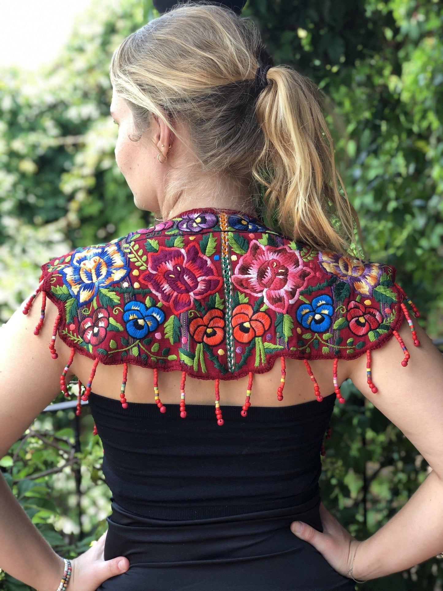 Textile Shoulder Pieces with Beaded Chains - "Huipil"