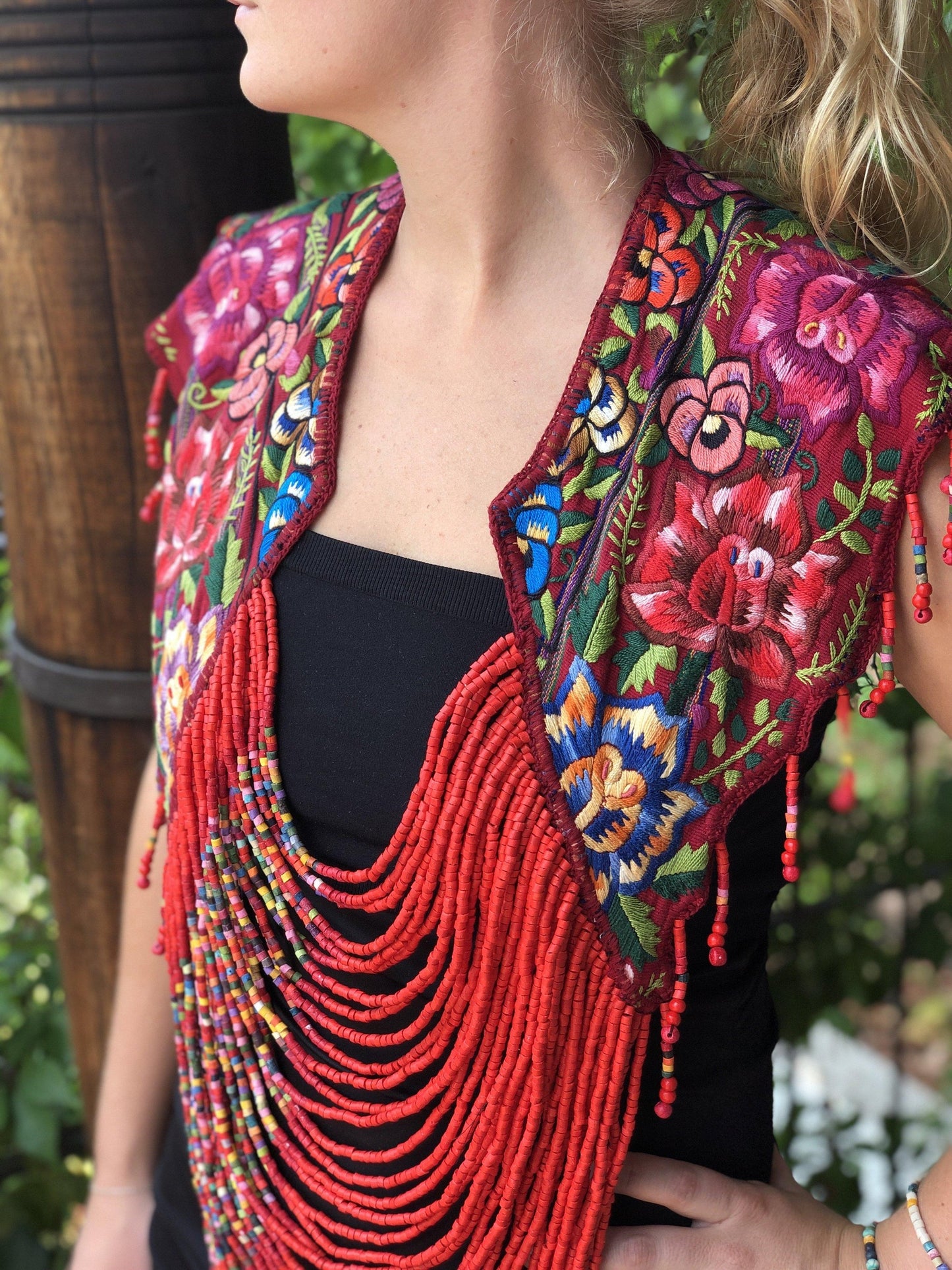 Textile Shoulder Pieces with Beaded Chains - "Huipil"