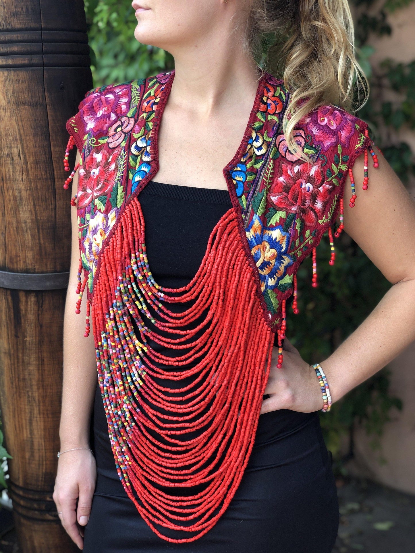 Textile Shoulder Pieces with Beaded Chains - "Huipil"